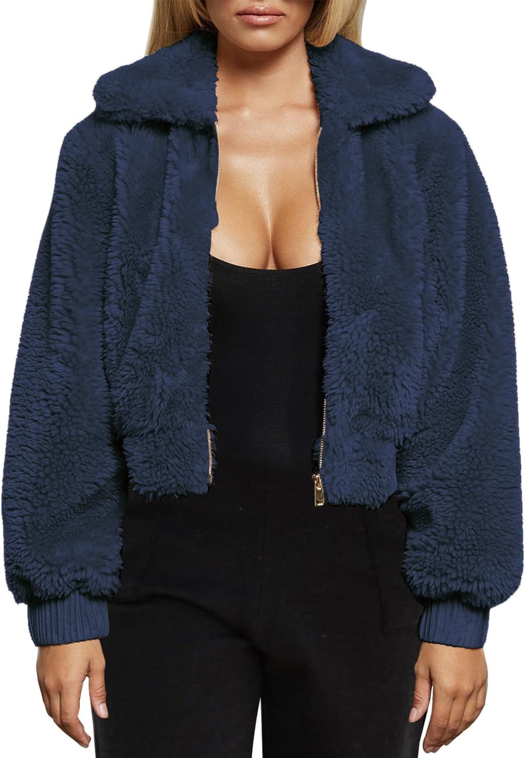 FANCYINN Womens Teddy Cropped Faux Fur Jacket Furry Lapel Coat Zip Up with Pockets Warm Winter Large Dark Blue