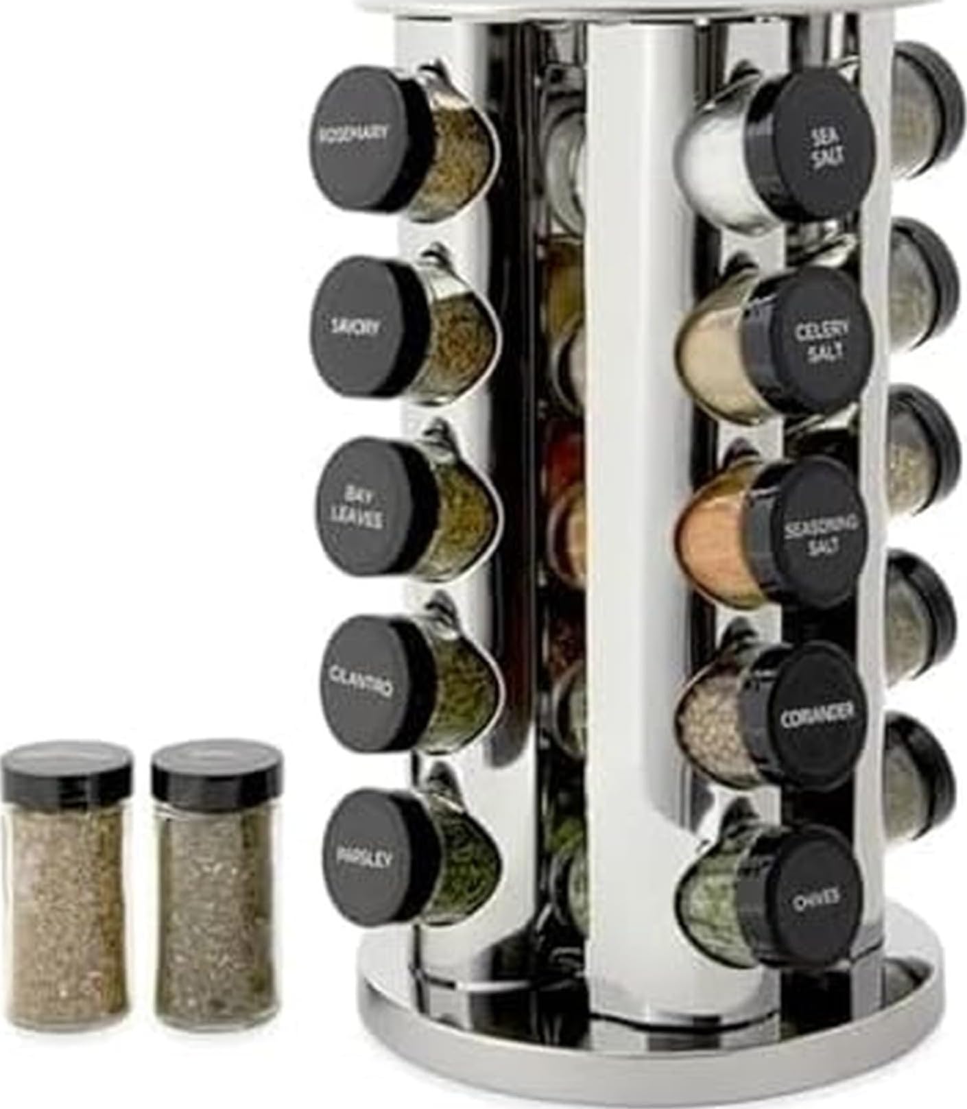 Kamenstein Organizador de torre para encimera de 20 tarros con recargas de especias gratis durante 5 años, acero inoxidable pulido con tapas negras