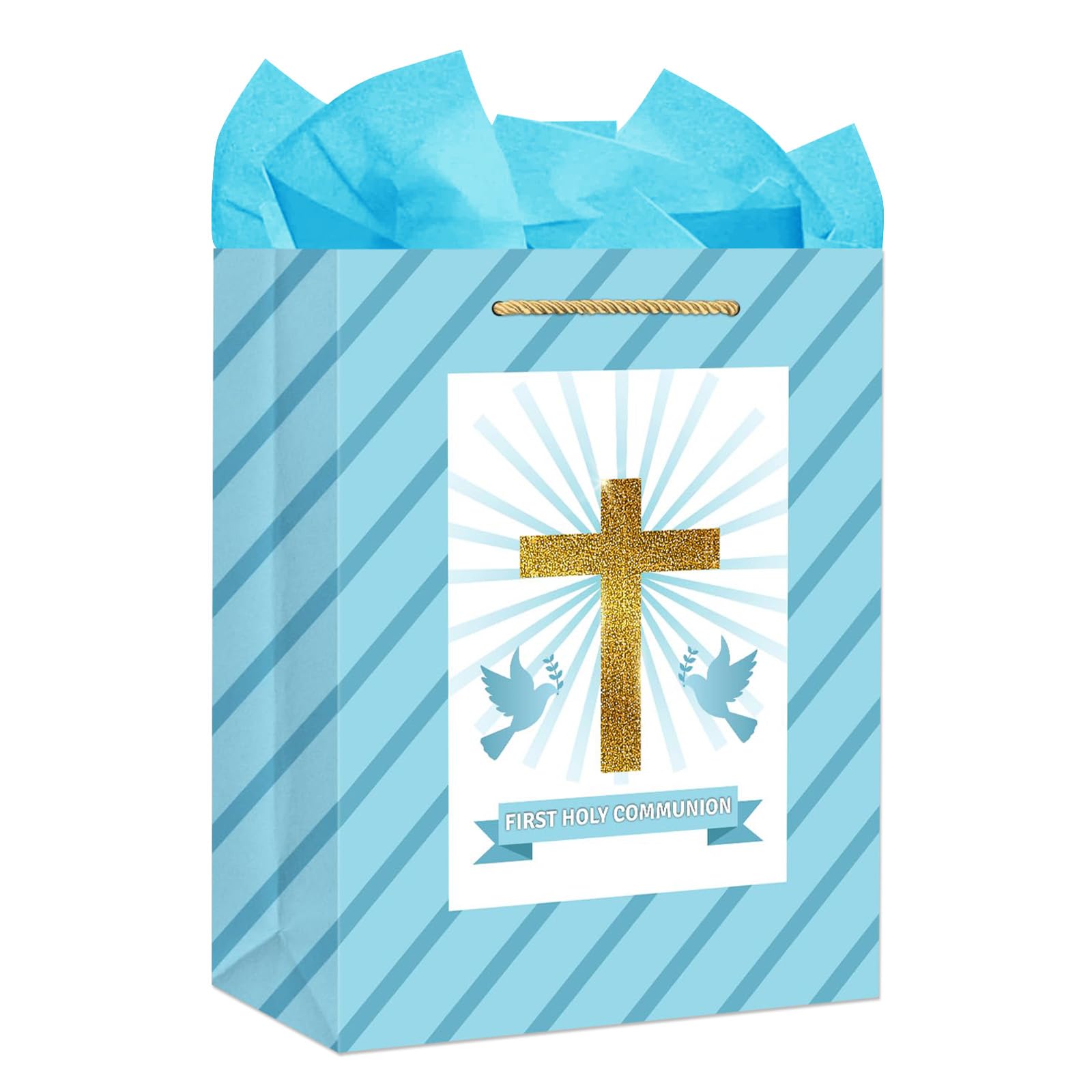 FLYAB First Holy Communion Gift Bag - 11.5" Baptism Gifts for Girls Boys First Communion Religious Cross Christian with Tissue Paper Handle Confirmations Gifts for Baby Boys Girls