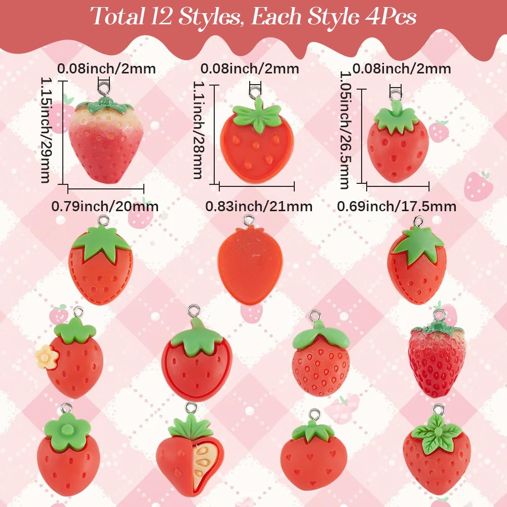 SUNNYCLUE Lot de 4 mini Breloques en Résine en Forme de Fraise Pendentifs en Résine 48pcs Opaques avec Boucles en Fer Platine pour Bracelets Colliers Boucles D'Oreilles Accessoires de Fabrication de