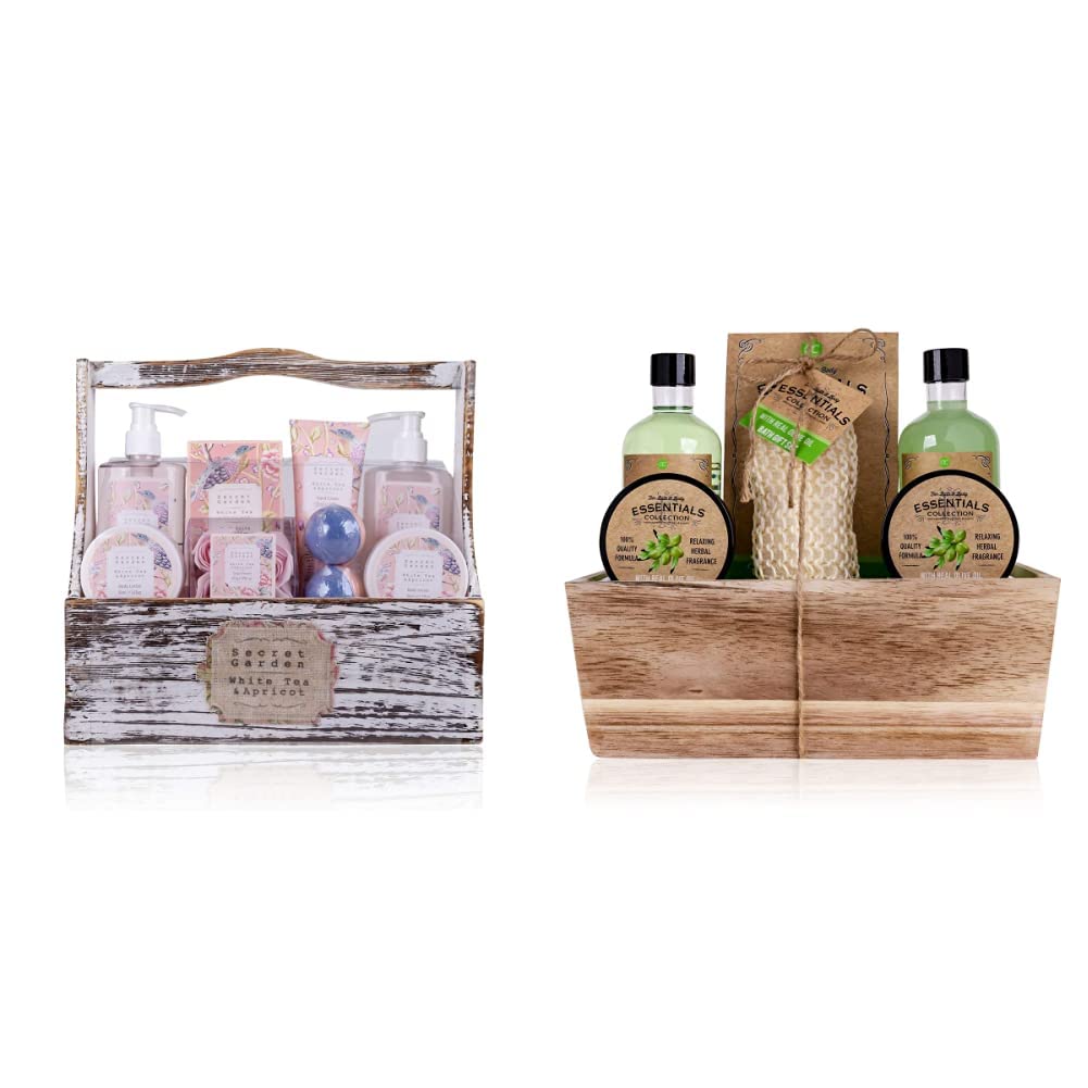 accentra Coffret cadeau Coffret bain et douche Secret Garden au thé blanc et à l'abricot - Coffret 8 pièces & Set cadeau Wellness olive dans un panier en bois, set de soins pour femmes 6pcs