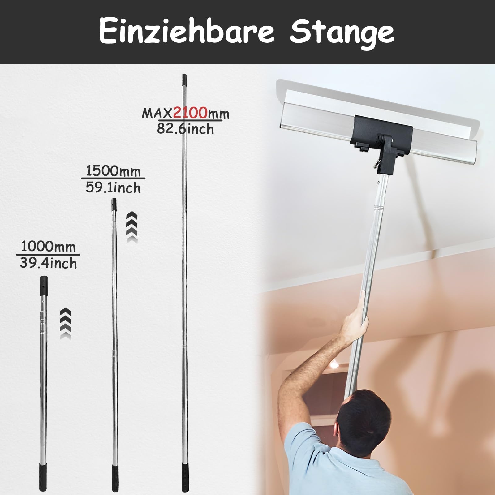VKE Flächenspachtel,Spachtel Set 30/50/80 cm mit Austauschbaren Klingen | Griff aus Aluminiumlegierung mit 2,1 m Teleskopstange, Koffer und Walzenbürste zum Verputzen von Wänden und Decken