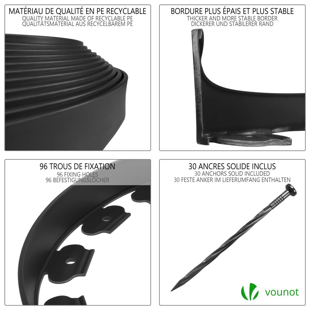 VOUNOT® Bordure de Jardin en Plastique 20 mètres avec 60 Piquets d'ancrage Bordurette de Pelouse Flexible Bordure de Gazon avec piquets Solides Idée de Jardin Hauteur 50mm, Epaisseur 4mm Noir
