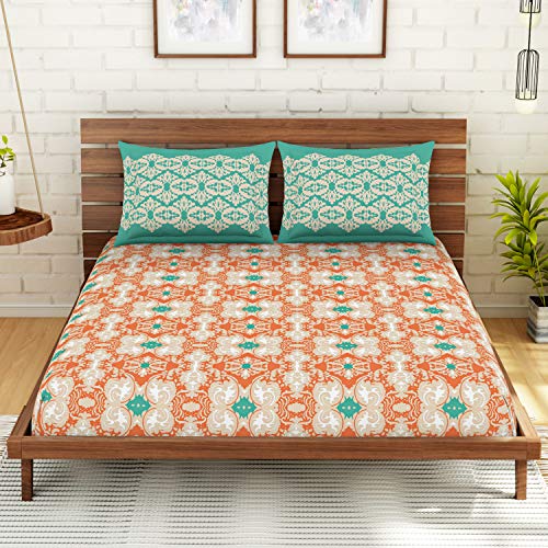 Image of Spaces Atrium Plus 210 TC 100% Cotton Queen Size Fitted Double Bedsheet with 2 Pillow Covers (Ornate, 60 inch X 78 inch Inches ) - Peach