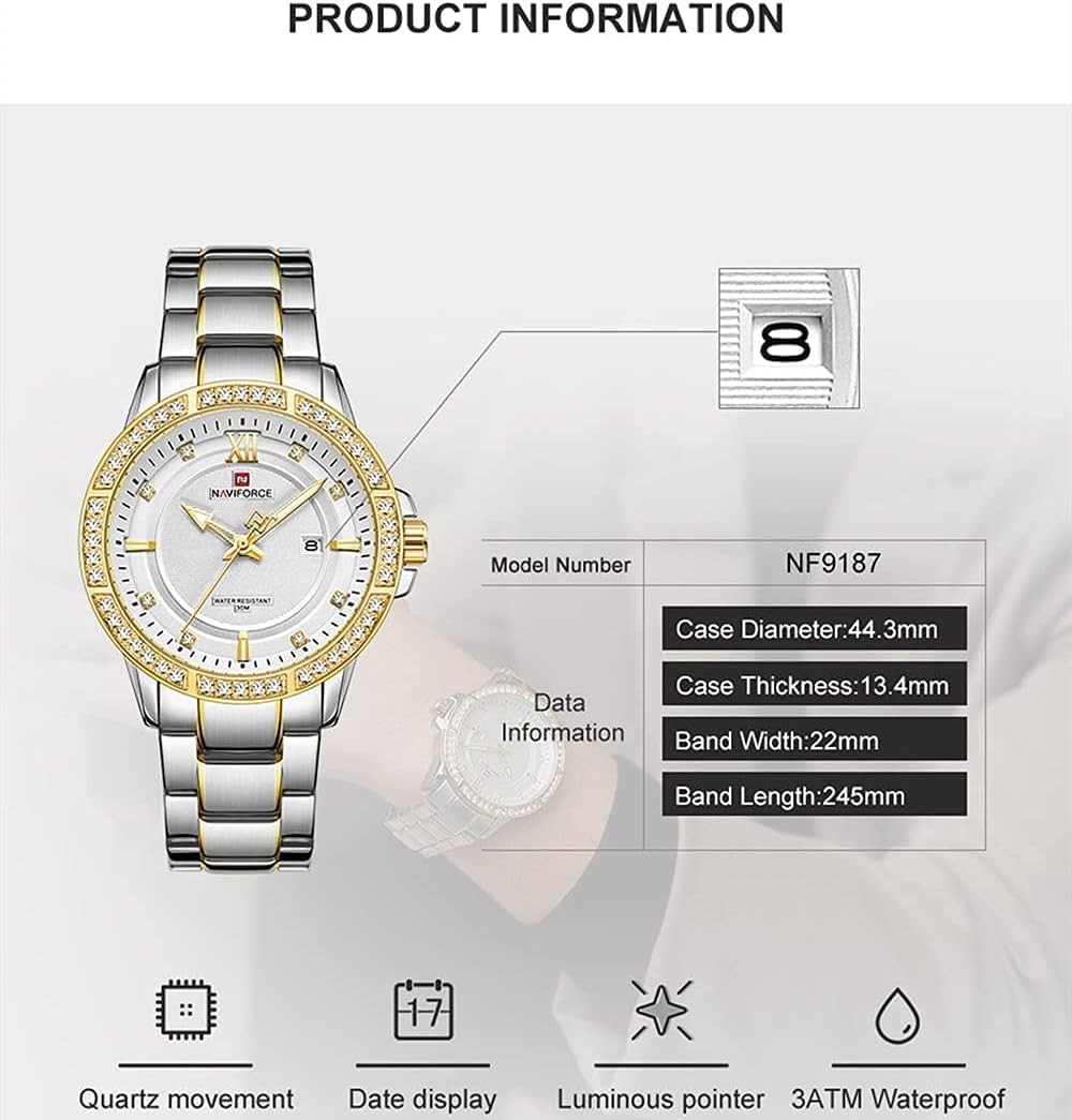 Naviforce NF9187 watch with a diagram showing model number and key dimensions