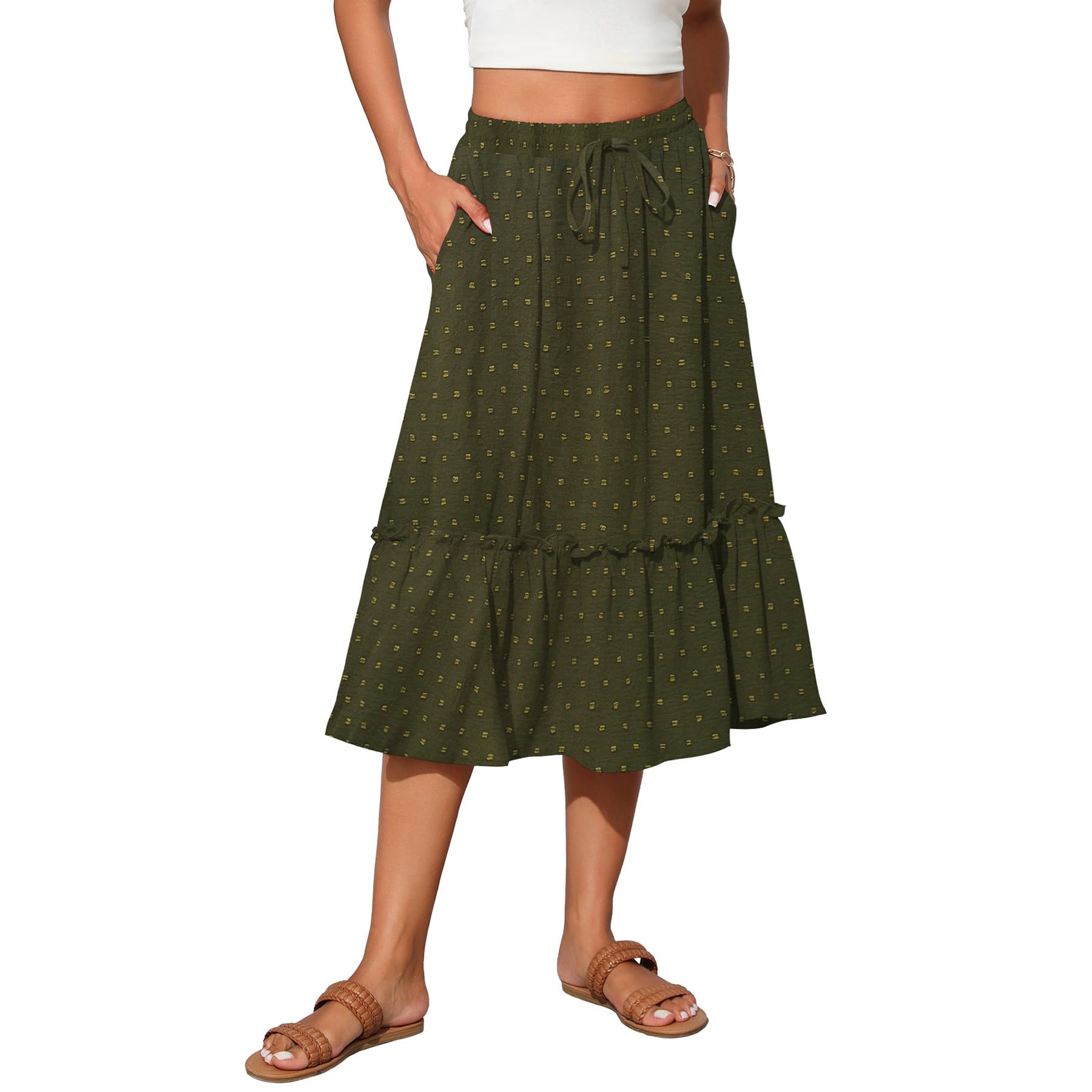 Witsmile Womens High Waist Tiered Midi Skirt Flowy Long Length with Pockets