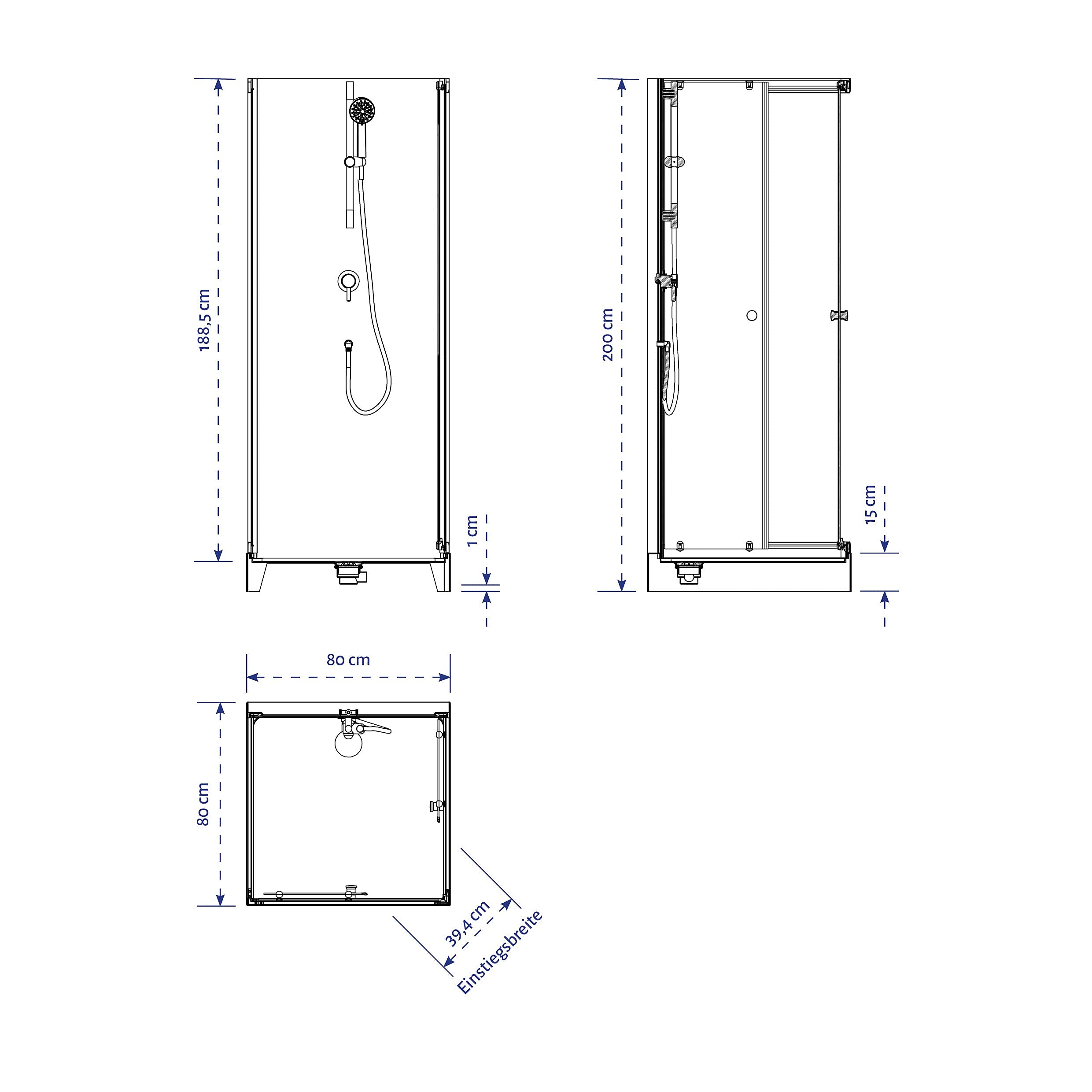MARWELL White Dream - Ducha completa (80 x 80 x 200 cm, incluye plato de ducha y grifo, montaje reversible, sistema de perfil de aluminio de alta calidad)