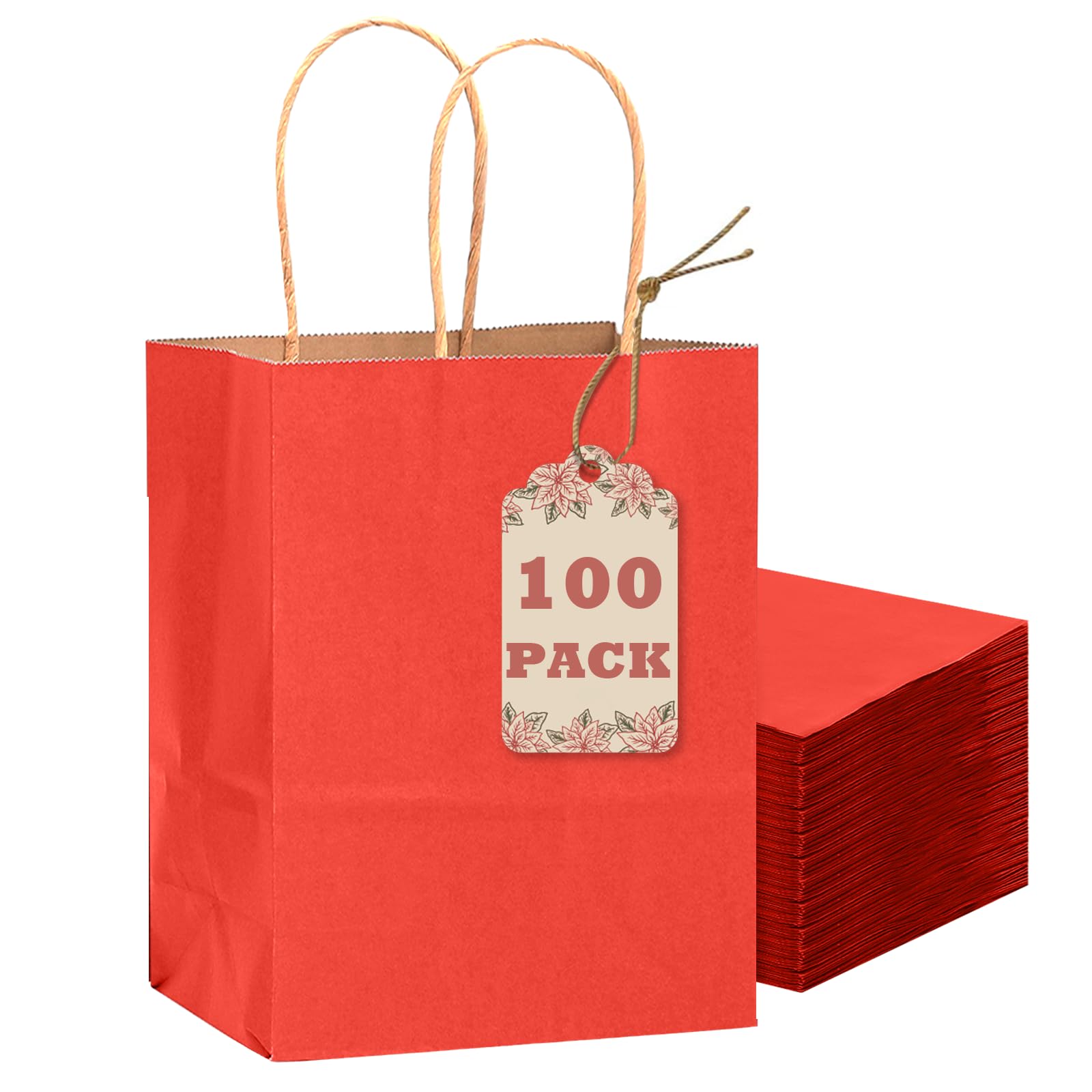 qiqee 100PCS Gift Bag with Handles Bulk Kraft Red Paper Bags Multiple Uses (8.3"x3"x6"inch Small Size)