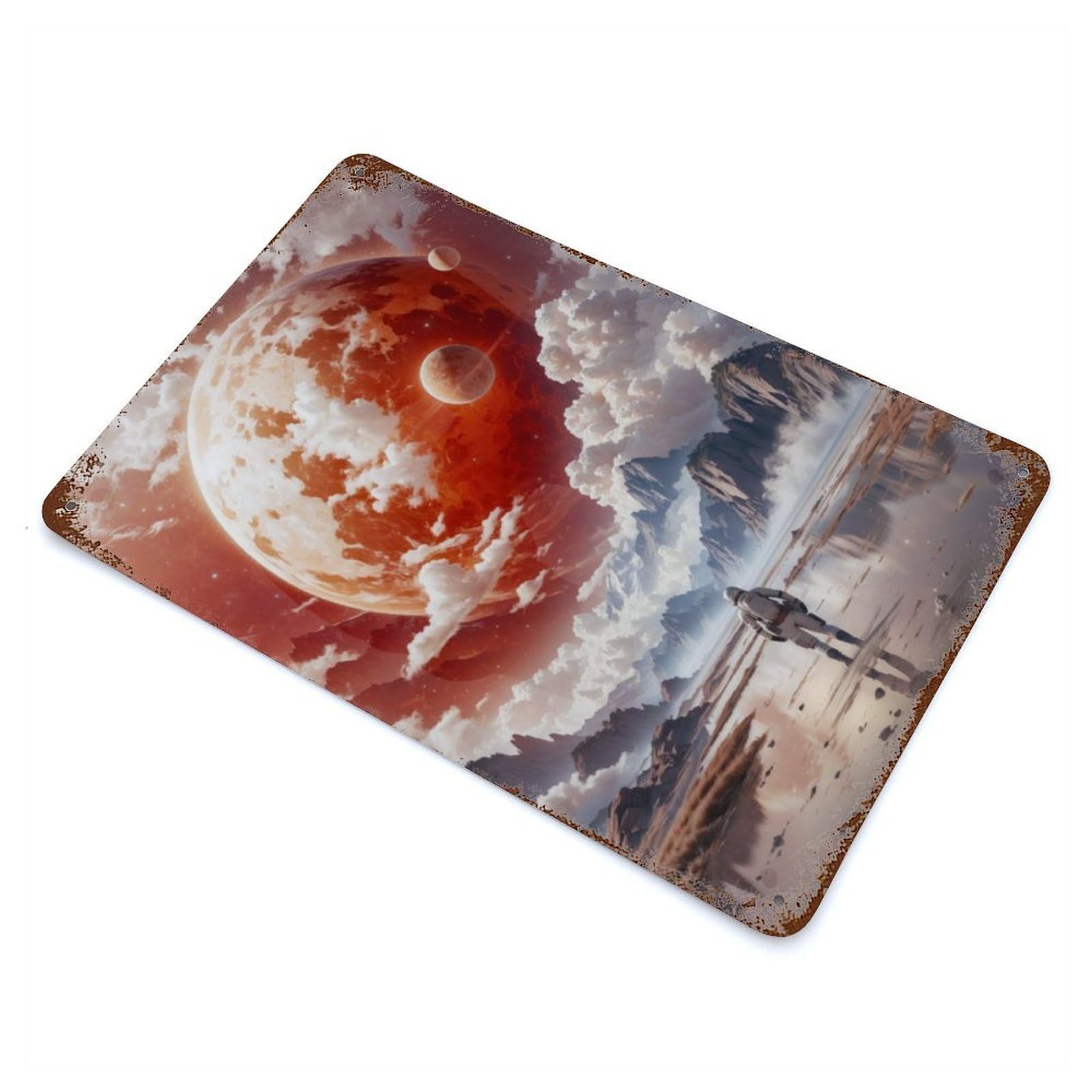 Vintage Rust Metal Sign with Red Planet Astronaut Design 11.8"x7.9", for Garage, Bar And Workshop Decor, Retro Wall Decor