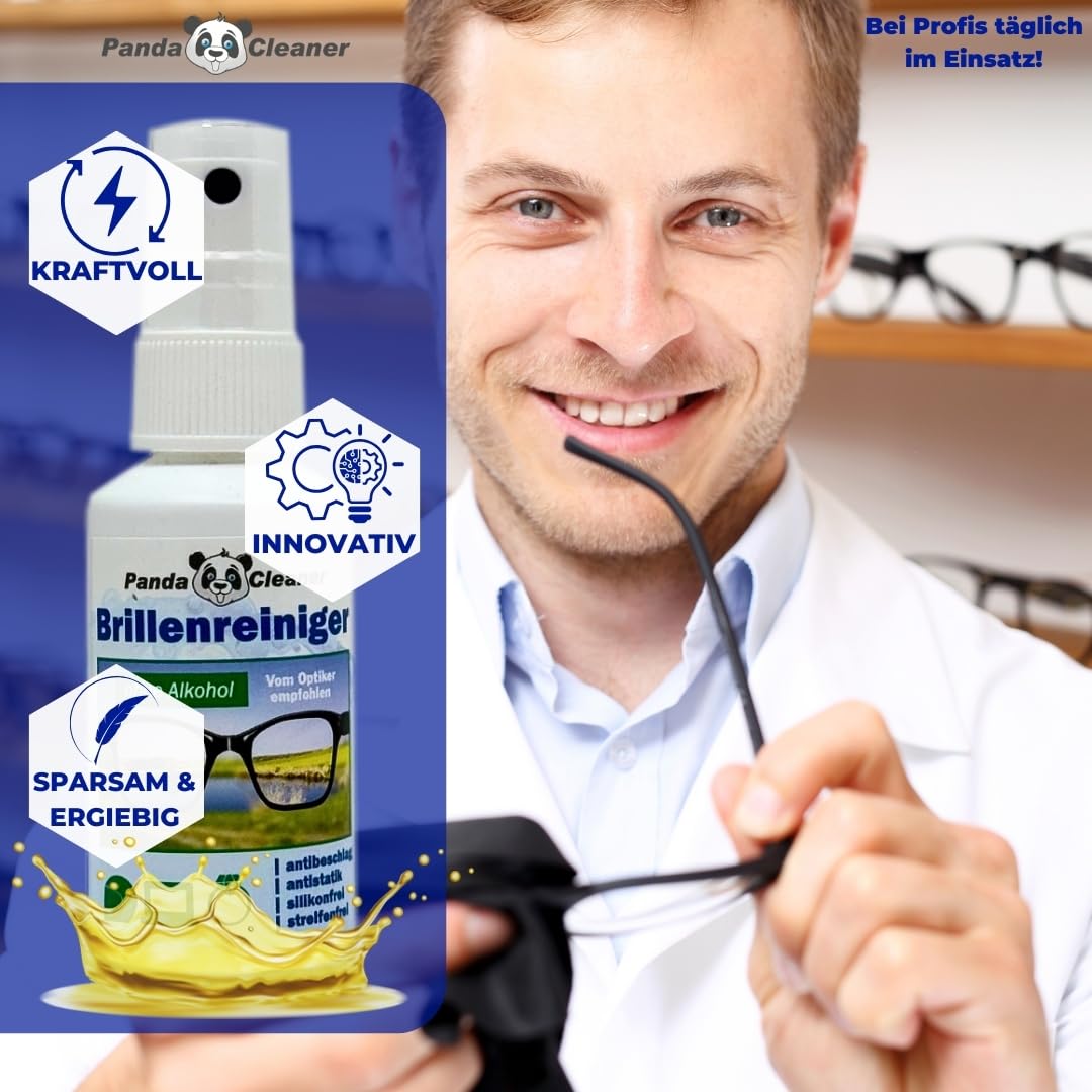 PANDACLEANER Środek do czyszczenia okularów, spray 50 ml + butelka uzupełniająca 250 ml, bez alkoholu, czyszczenie bez smug, formuła zapobiegająca zaparowaniu, wyprodukowano w Niemczech