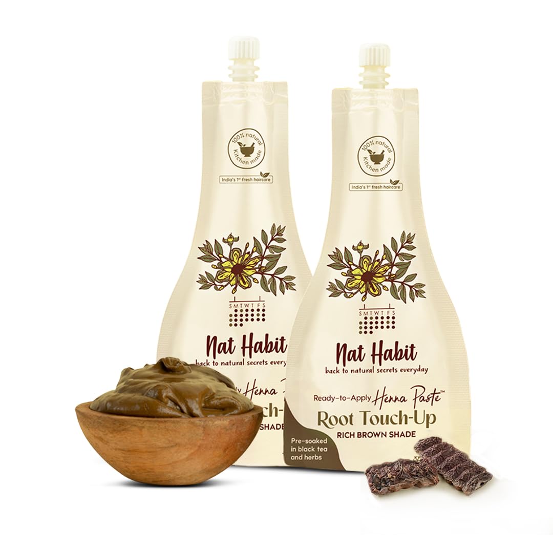 Nat Habit – Fresh Ready To Apply Root Touch Up Henna Paste, Pre-Soaked in Black Tea and Herbs,100% Natural Rajasthani Henna, Imparts Rich Brown Shade (Pack of 2 x 60g)