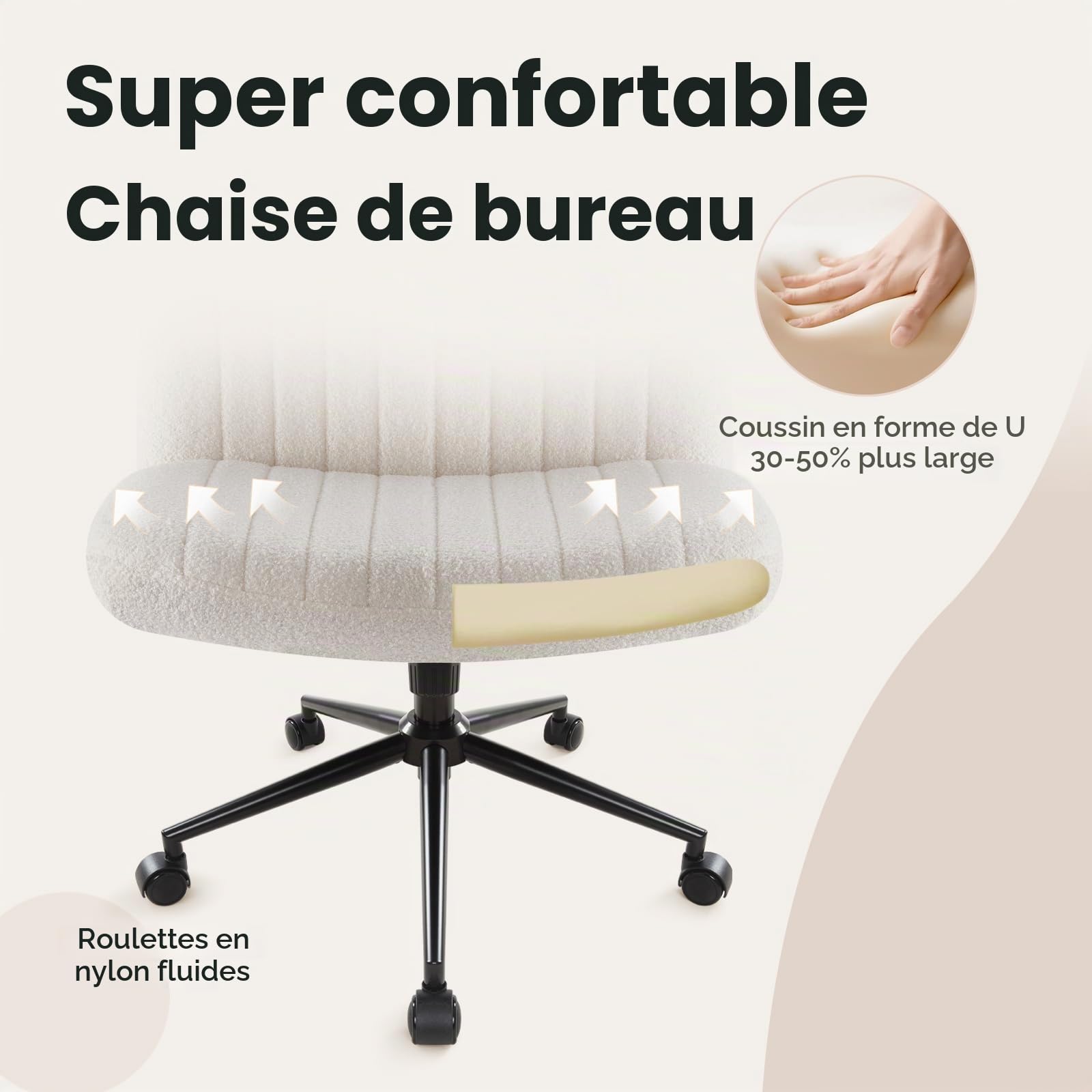 IWMH Chaise de Bureau sans Accoudoirs,Chaise de Coiffeuse Pivotante avec roulettes,Chaise d’Ordinateur à Hauteur Réglable avec Coussin en Tissu,Chaise pour s'asseoir avec Jambes croisées,pour Chambre