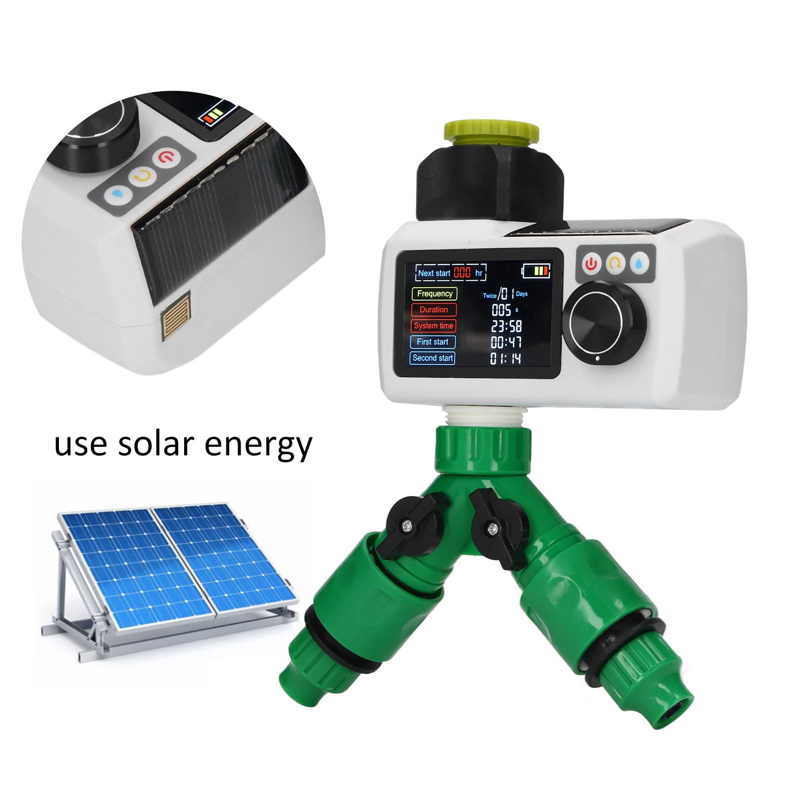 Solarny zegar nawadniania, cyfrowy zegar nawadniania z wykrywaniem deszczu Podwójne złącze IP68 Automatyczny system nawadniania do trawnika Ogród Dziedziniec Szklarnia