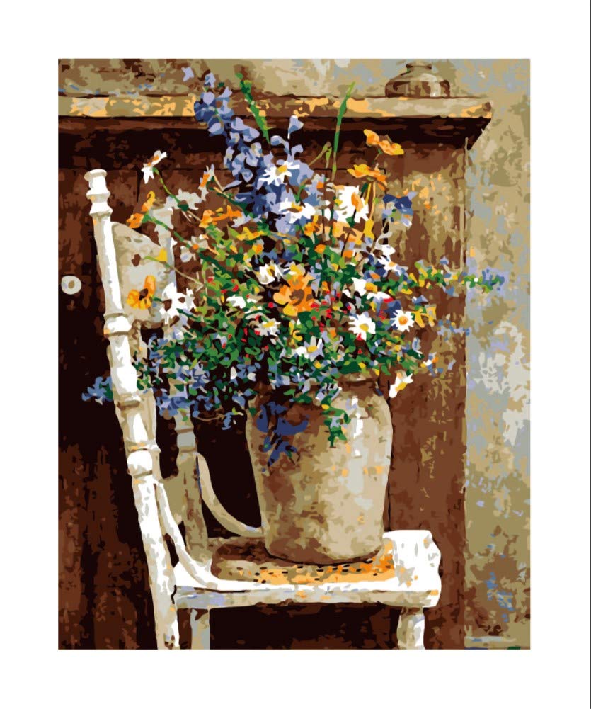 Captaincrafts Wild Flowers Pots Chair New Paint By Numbers 16X20 " For Adults Linen Canvas - (With Frame)