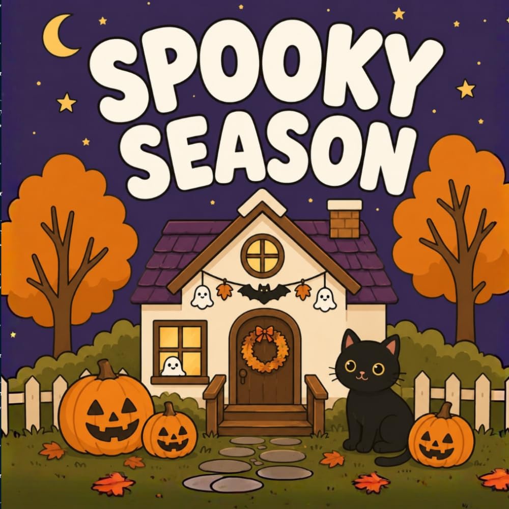 Cozy Spooky Halloween Coloring Book: 50 Cute, Bold & Easy Halloween & Autumn Scenes for Adults & Teens | Ghosts, Pumpkins, Black Cats, Bookstores, Cafés & Cozy Fall Vibes