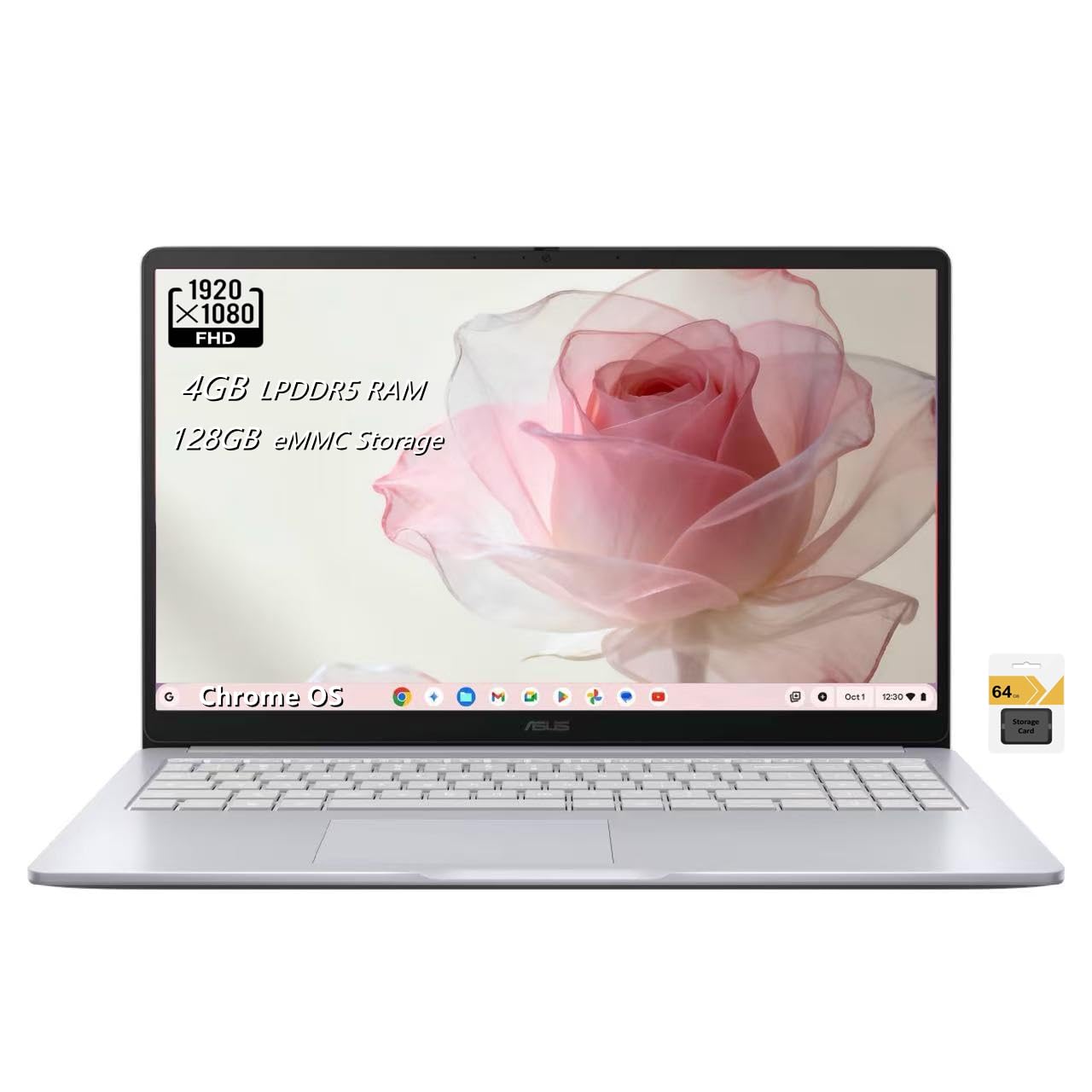 Chromebook CX15 Laptop, 15.6” FHD (1920 x 1080) LCD Display, Intel Celeron N50 Processor, 4GB LPDDR5 RAM, 128GB eMMC Storage, Chrome OS, Wi-Fi 6, Pure Grey, TWE 64GB Micro SD Card