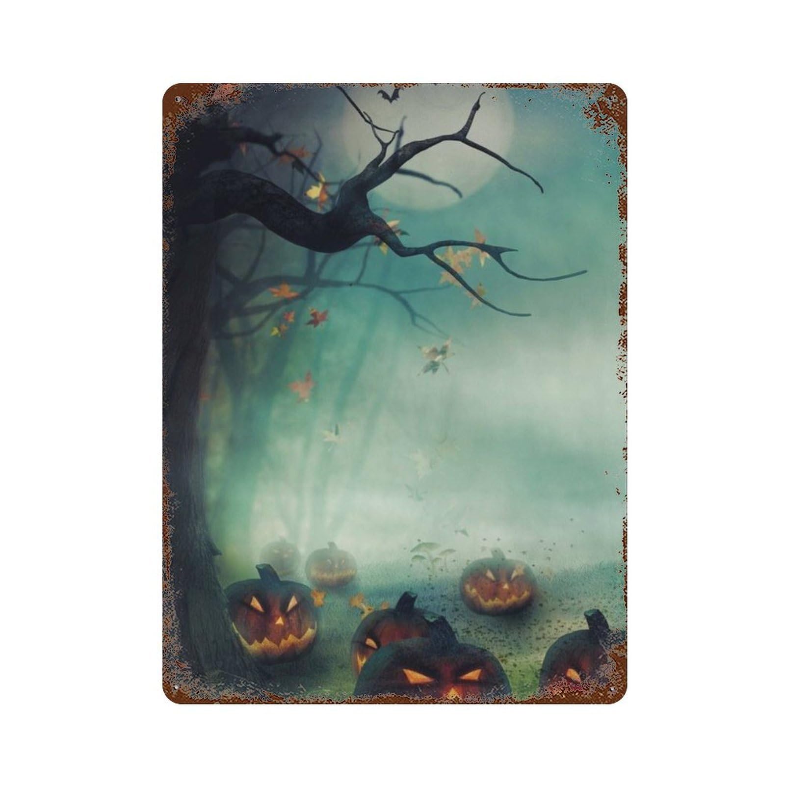 Decorative Tin Sign with Halloween Night Scene with Pumpkins Design 15.7"x11.8", for Farmhouse, Kitchen And Entryway Decor, Decorative Metal Wall Art
