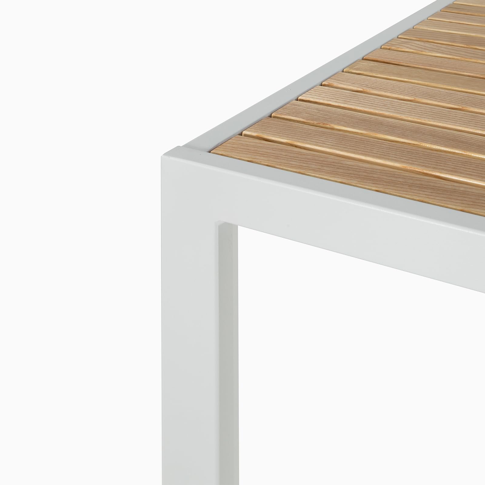 Mesa exterior Jaida para terraza 120x70 madera fresno y acero - Mesa jardín moderna robusta elegante - Mesa de terraza exterior para patio, balcón, comedor, jardín - Tablero de Listones (Blanco)
