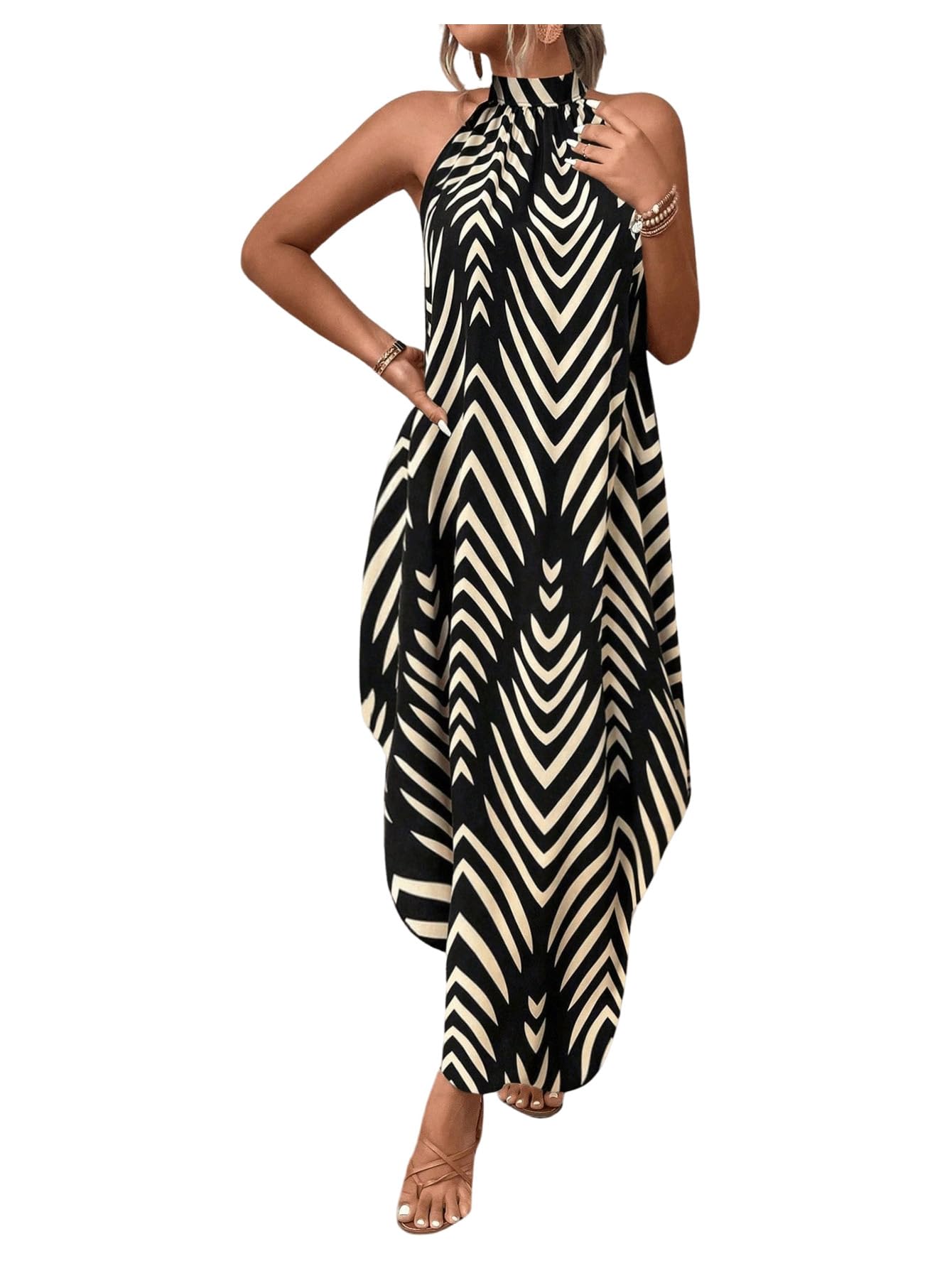 Women's Boho Asymmetrical Halter Dress Mock Neck Sleeveless Flowy Maxi Dresses