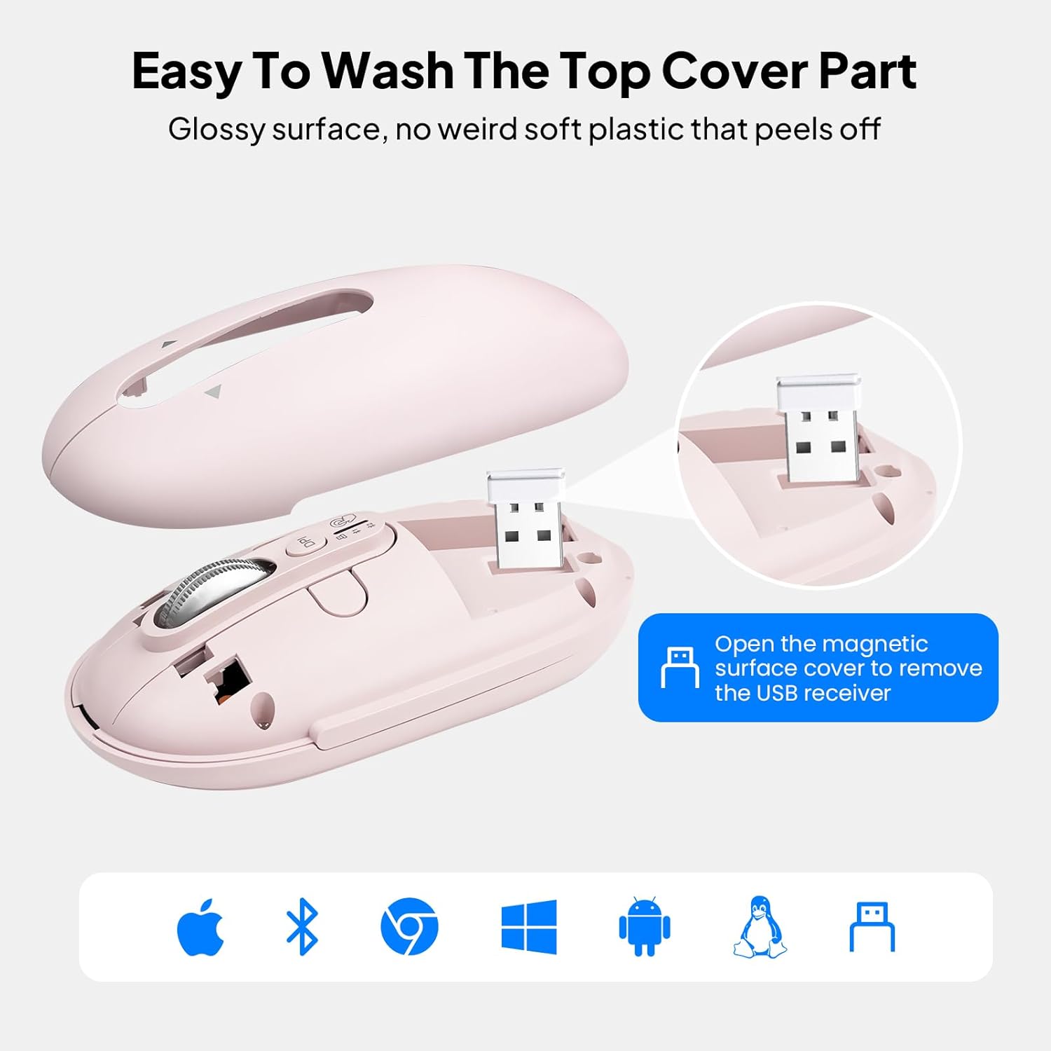 INFINMIND D970 mouse illustrating intelligent energy saving features like ON/OFF switch, LED indicator, and auto-sleep.