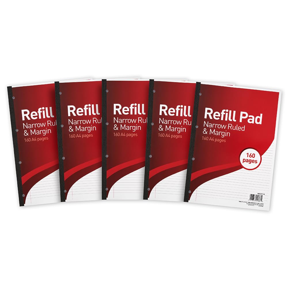 SUMMIT A4 Lined Paper, Refill Pad, 6 mm Narrow Ruled and Margin, 160 Page, Pack of 5