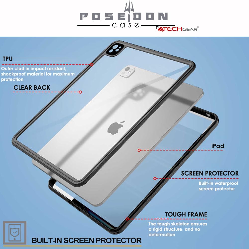 TECHGEAR Custodia impermeabile per iPad Pro 13" 2024 (M4) [Poseidon Case] Custodia sottile e robusta antiurto impermeabile con protezione schermo integrata + supporto e cinturino
