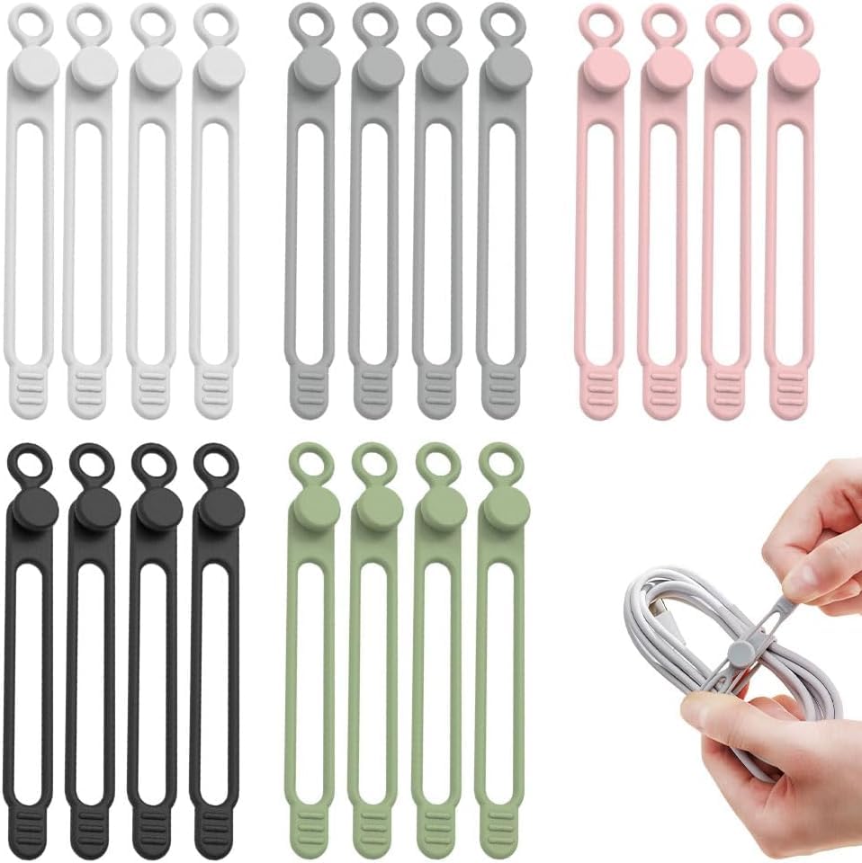 20PCS Data Cable Organizer New Silicone Cable Ties Cable Management Organizer 4 17 inch Reusable Cord Organizers Colorful