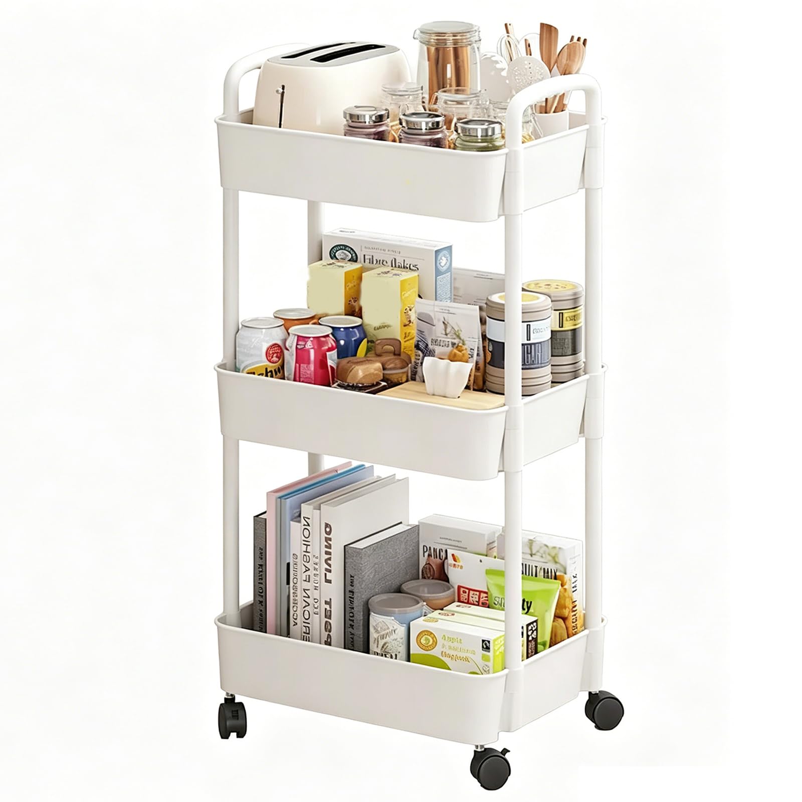 3-Tier Storage Trolley on Wheels, Metal & Plastic Kitchen Utility Cart with Handle – Slim Rolling Mobile Shelving Organiser for Bathroom, Office, Laundry, Narrow Spaces, White