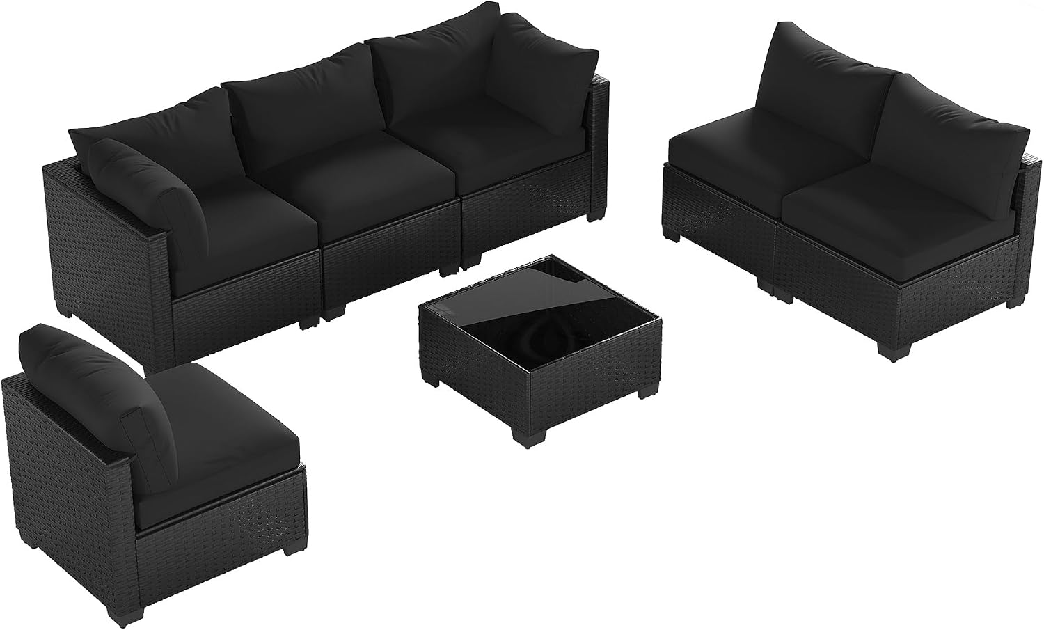 Patio Furniture Set, 7-Piece Outdoor Sectional Couch with Coffee Table & Thick Cushions, Outdoor Wicker Conversation Set for Backyard, Poolside, Garden (Crossbody Black-Black, 7 Piece-Single)