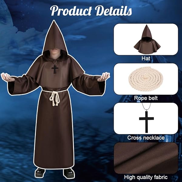AUYAO Costume da Monaco Bambino, Medievale Halloween Monaco Sacerdote Accappatoio, Cosplay Costume Robe Mantello con Cappuccio, Abito Costume Monaco Saio Vestito da Monaco per Halloween Carnevale - 3