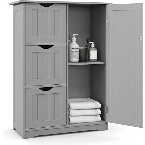 Tangkula Bathroom Floor Cabinet, Freestanding Side Storage Cabinet w/ 3 Drawers & 1 Cupboard, 1 Adjustable Shelf, Wood Entryway Storage Organizer for Home Office, 24 x 12 x 32 Inch (3 Drawers, Grey)