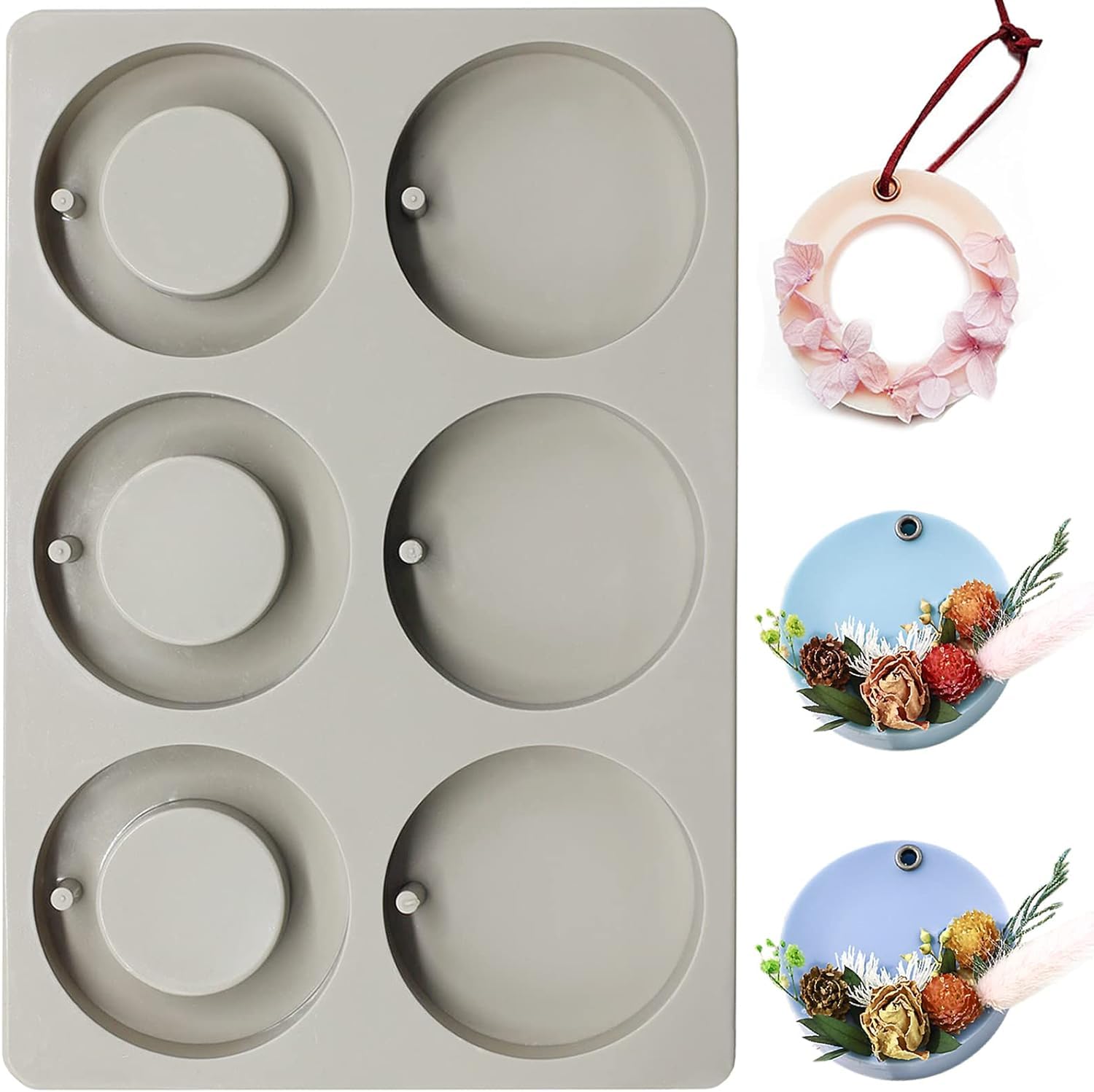 RKPM HOMES Aromatherapy Wax Mold I Silicone Fondant Mould with Hanging Hole I Dried Flowers Resin Soap Clay Craft Jewelry Making Molds DIY Pendant Bookmark Necklace I Grey - 6 Cavity (Round Large) 2