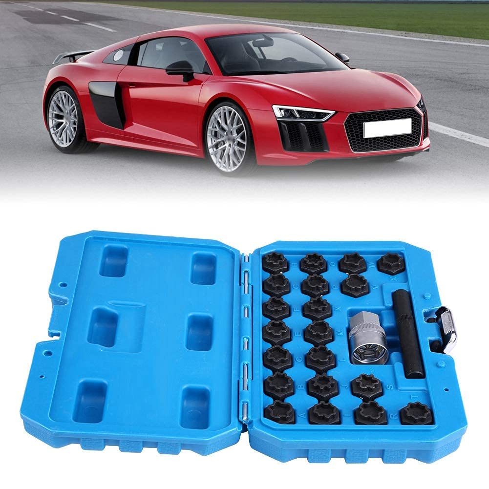 22 Piezas Juego de llaves de tuercas de bloqueo de rueda de, Herramienta de Juego de zócalos torcidos para quitar tornillos de tuercas antirrobo de rueda de coche de aleación de acero con juego de ada