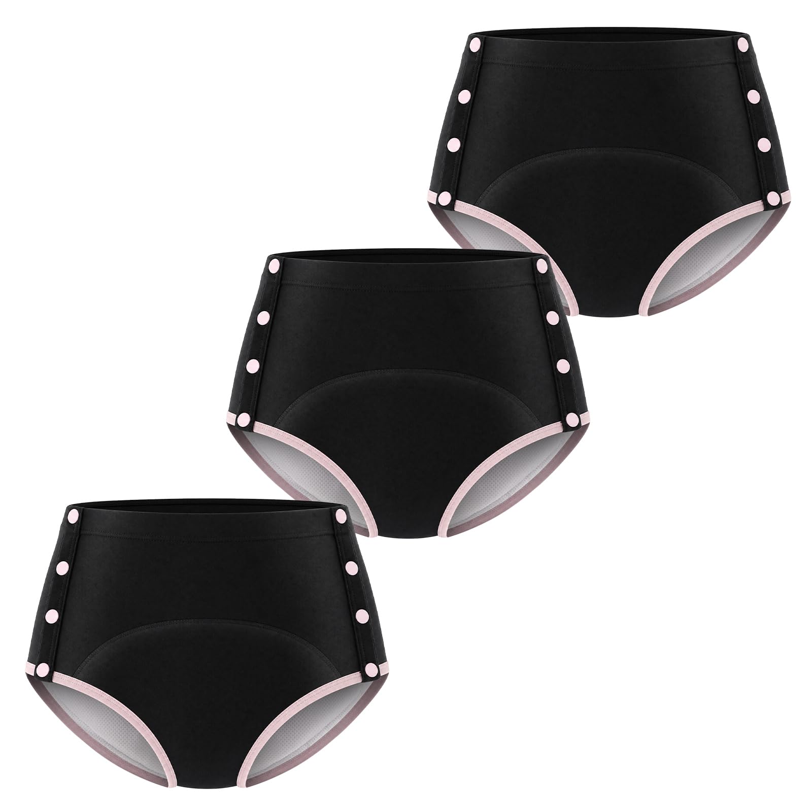 Carer 3er Pack Damen Inkontinenz Slip 230 ml Saugfähigkeit Baumwolle | Auslaufsichere Inkontinenz Unterwäsche seitlichem Druckknopf abnehmbares Design waschbar bei Blasenschwäche Schwarz Größe L