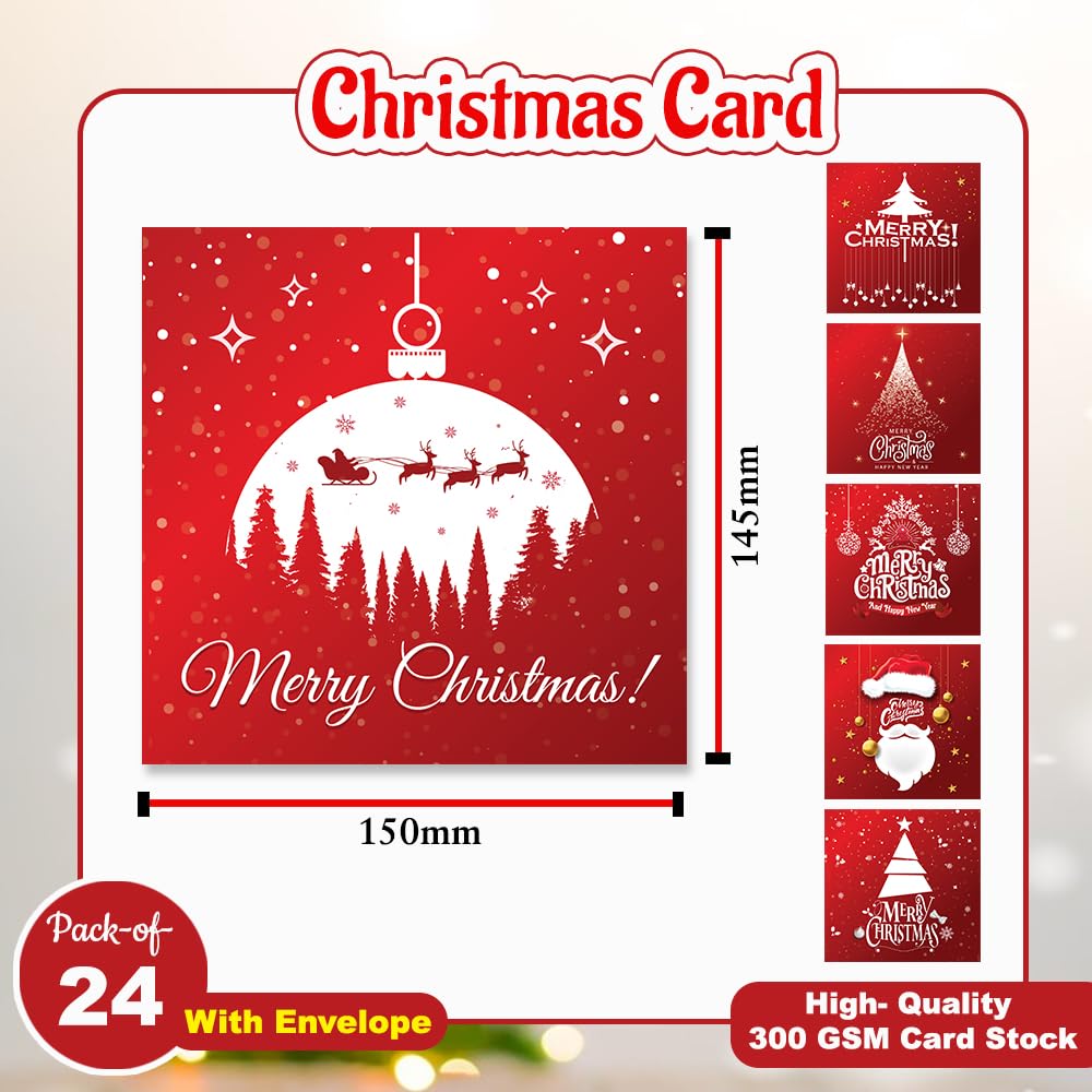 Christmas Cards Pack of 24 Red Theme Luxury Xmas Cards Packs (145 x 150 mm) Pack of Christmas Cards with Envelopes Perfect For Seasonal Gifts - Image 3