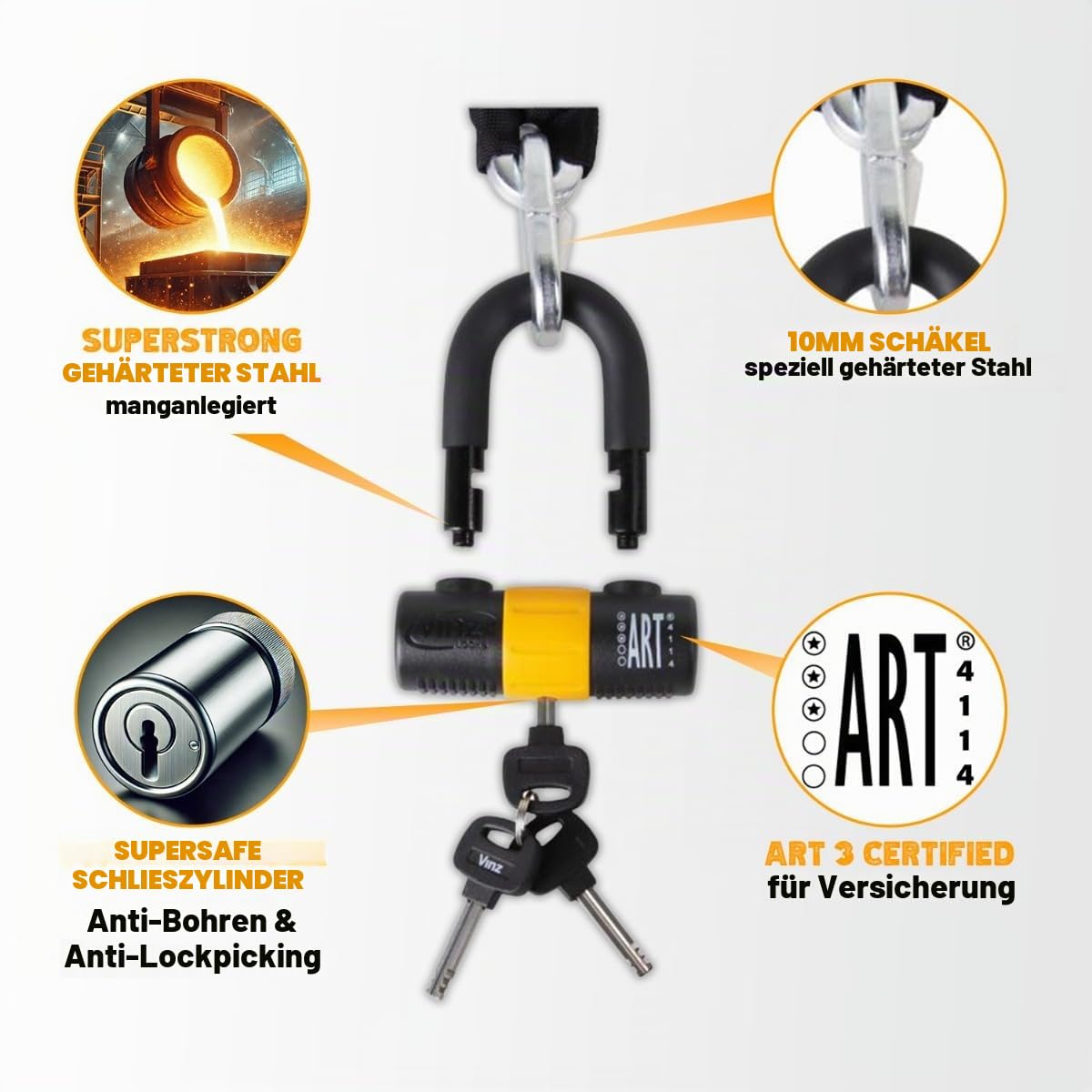 VINZ Kungur Kettenschloss ø10mm | ART 3 Zertifikat | Schloss für Roller Scooter Motorrad Moped E-Bike & hochwertiges Fahrrad | sicheres Rollerschloss Kette Loop U-Lock | 100-300 cm x (300cm)