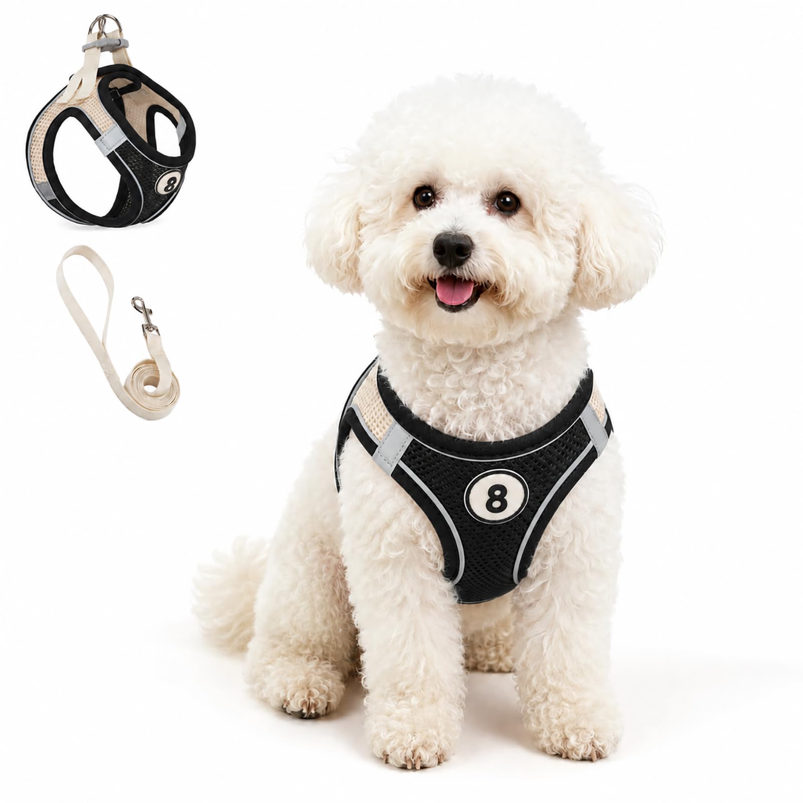 Small Dog Harness and Lead Set, Reflective No Pull, Black 7-Ball, L