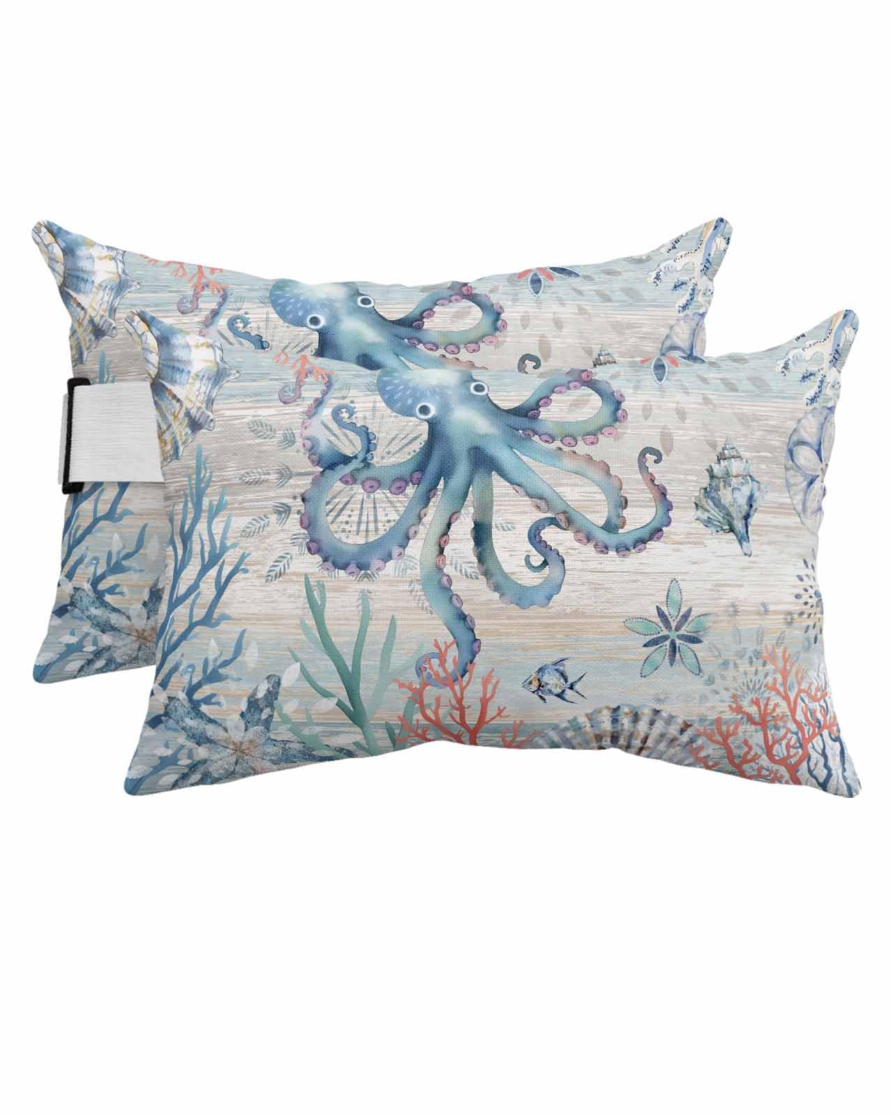 Huotupsine Coastal Octopus Lumbar Pillow Cover with Elastic Band, Nautical Summer Beach Starfish Coral Vintage Outdoor Pillow Covers Waterproof Pillow
