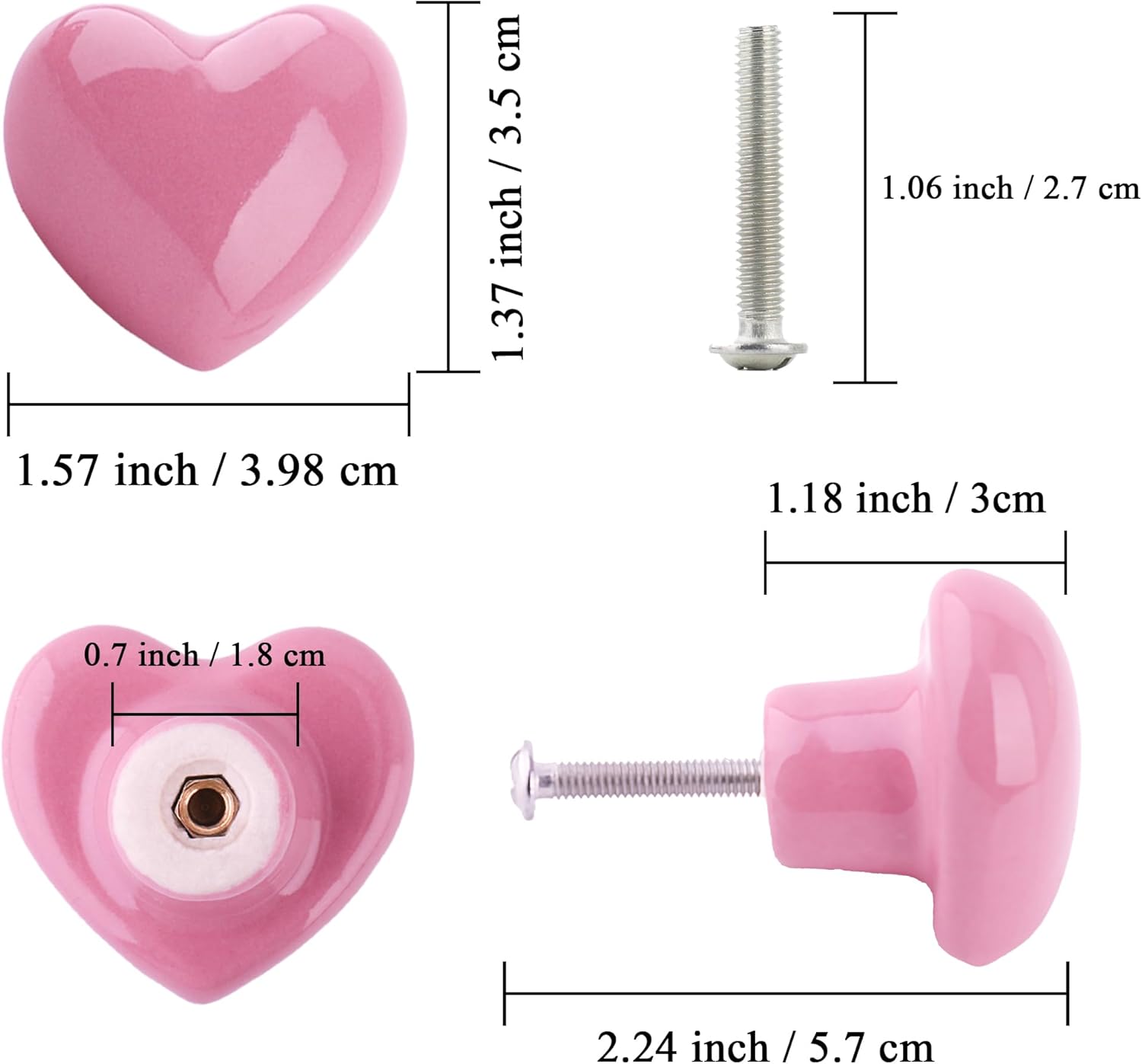 Azude Pink Heart Drawer Knobs for Girls Room 4 Pack, Ceramic Heart Shaped Cabinet Pulls and Handles for Nursery Dresser, Cute Decorative Hardware for Kids Wardrobe, 1.57 Inch
