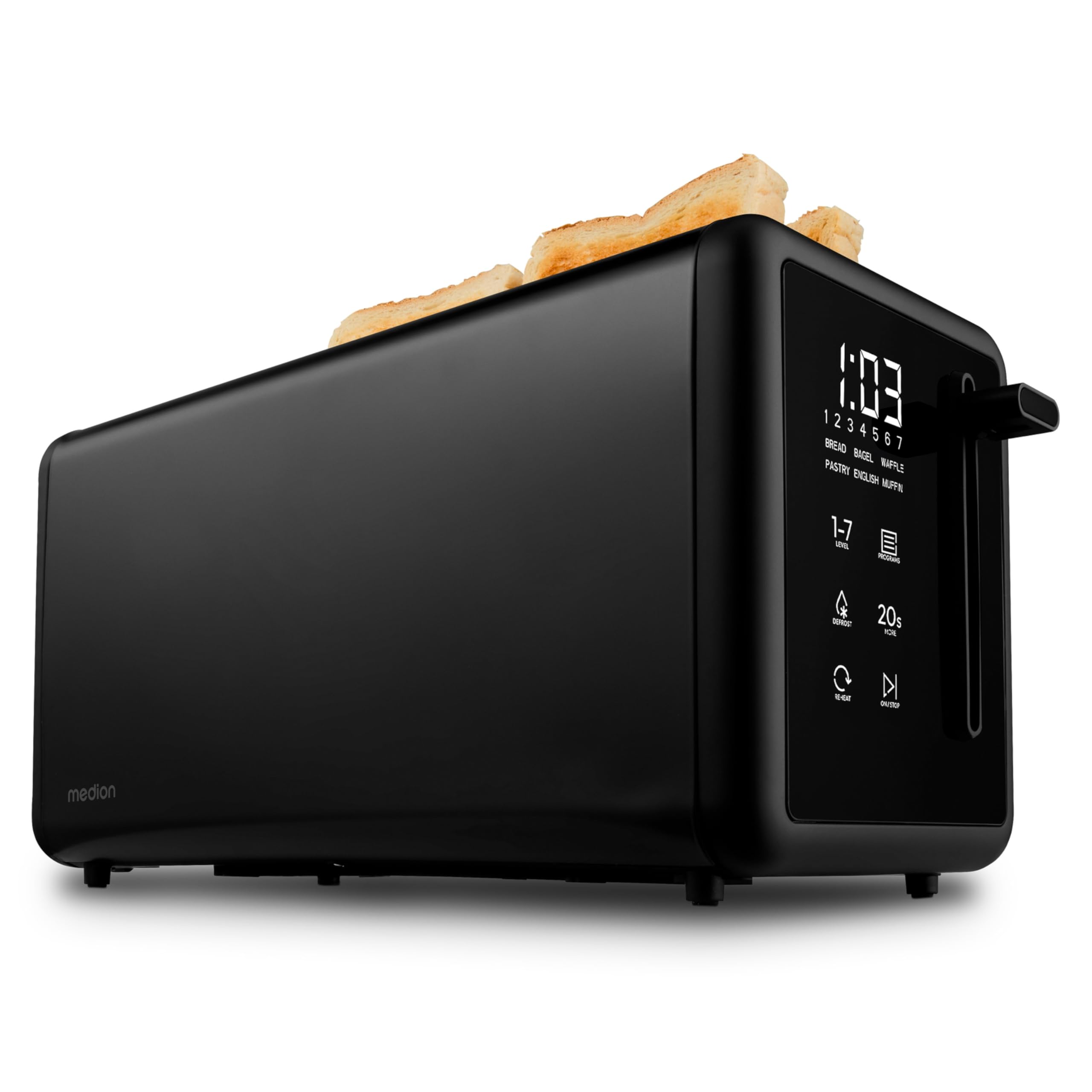 MEDION Toaster 4 Scheiben mit Brötchenaufsatz (7 Bräunungsstufen, 5 Automatikprogramme, 1.450 Watt, 2 lange Toastschlitze, Auftauen, Aufwärmen, Krümelschublade, Edelstahl Matt, MD 12103) schwarz