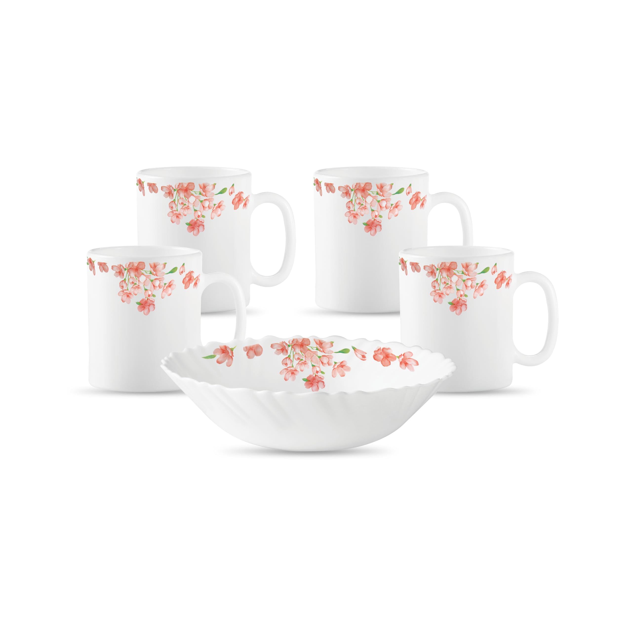 La Opala Diva Classique Collection Opal Glass Crockery | Gift Set of 5 | Coffee Time Set 5 pcs Aster Pink | Bowls & Coffee Mugs | Microwave Safe | 100% Vegetarian | Extra Strong | Light & White