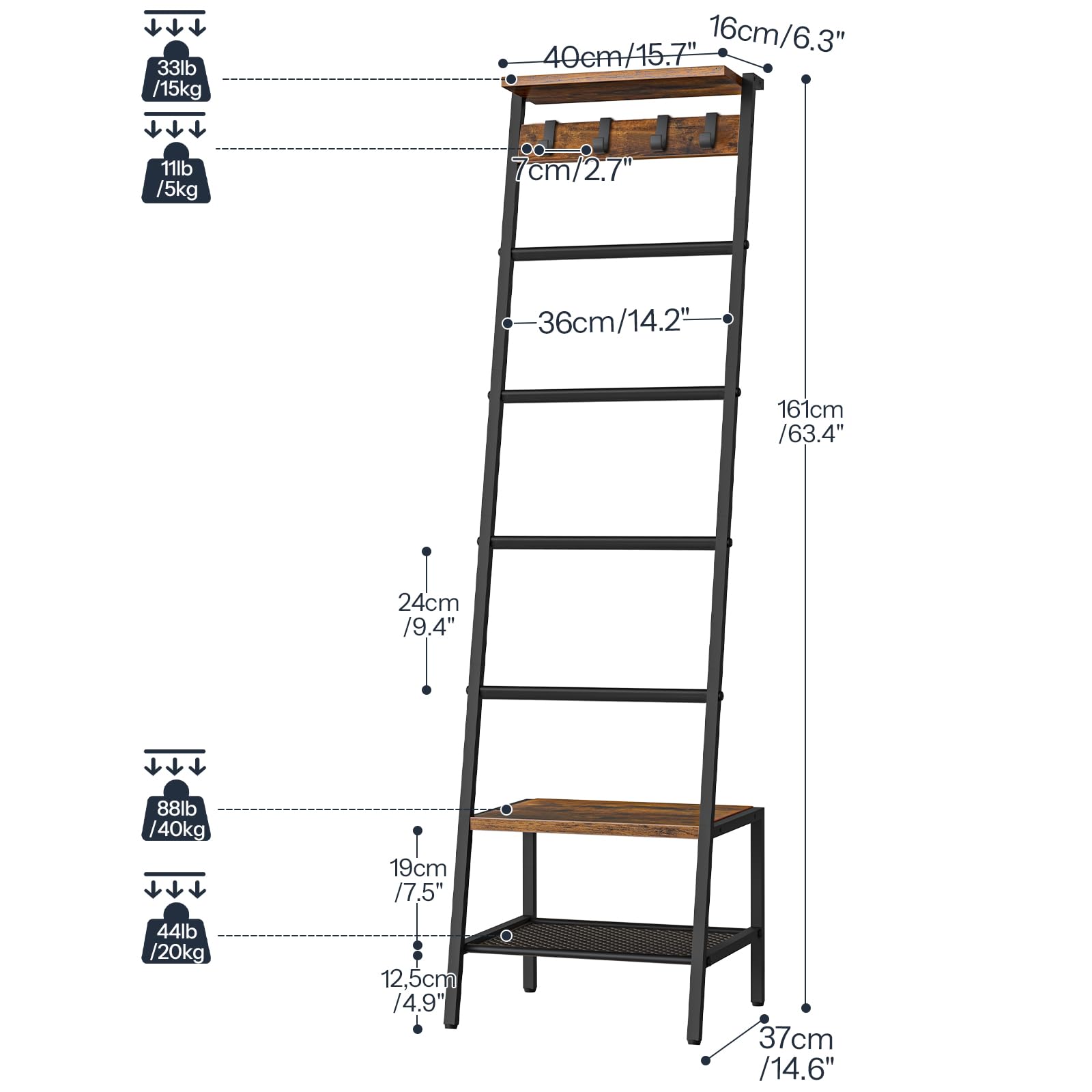 HOOBRO Toallero Escalera, Estantería para Mantas de * Niveles, para Salón y Dormitorio, con Ganchos, Marco de Metal, Forma de Jirafa, Estilo Industrial, Marrón Rústico y Negro EBF13CJ01