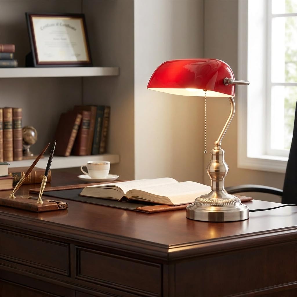 BARCELONA LED Bankerlampe Vintage Rot, Schreibtischlampe mit Glasschirm & Metallfuß in Nickel Satiniert, Retro Bürolampe im Industrial & Nordischen Stil, Klassische Tischleuchte mit E27 Fassung