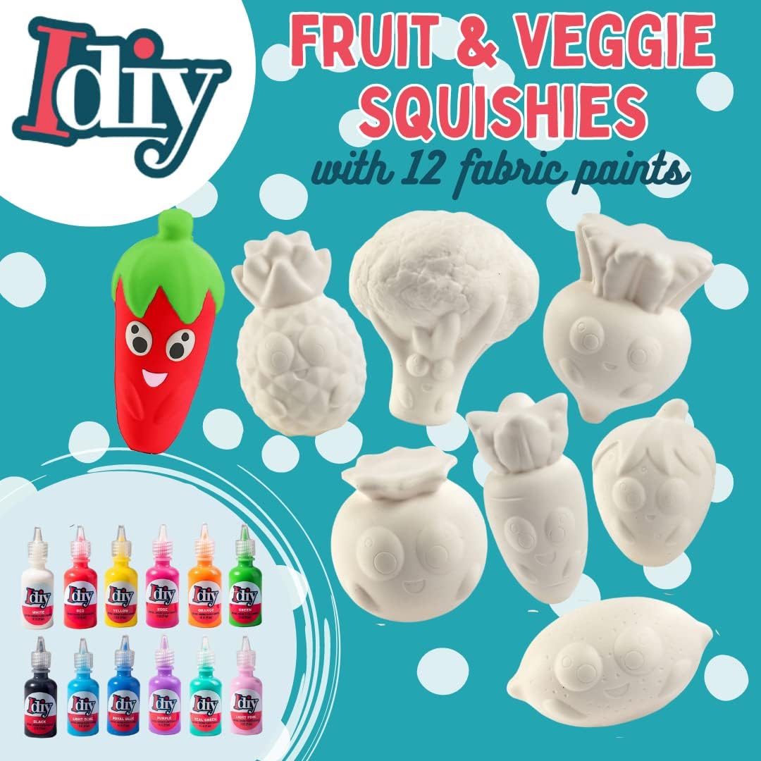 Idiy Jumbo Squishy Toys Craft Kit (8-Pack Fruits & Veggies) – Paint Your Own Slow Rising Squishies DIY Play Food Art Set – Includes 12 Fabric Paints & Kawaii Produce Toys – Kids Ages 4-12 Gift