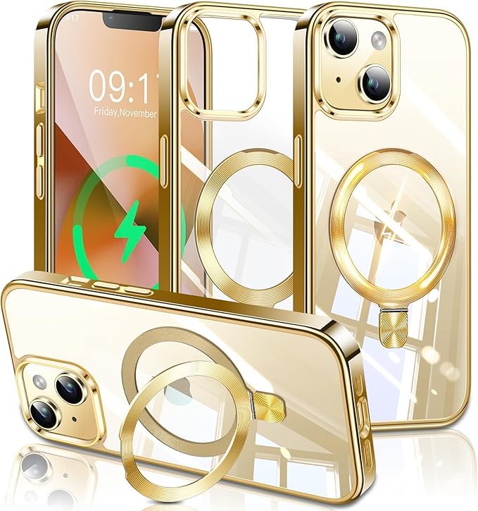 Image of ESTPEAK Titanium Gold CD Mag-Stand Case for iPhone 14 Case, iPhone 13 Case with Invisible Magnetic Ring, [Fit for MagSafe] [Never Yellowing] Top Clear Phone Case Cover for iPhone 13 /14 6.1 inch Men Women