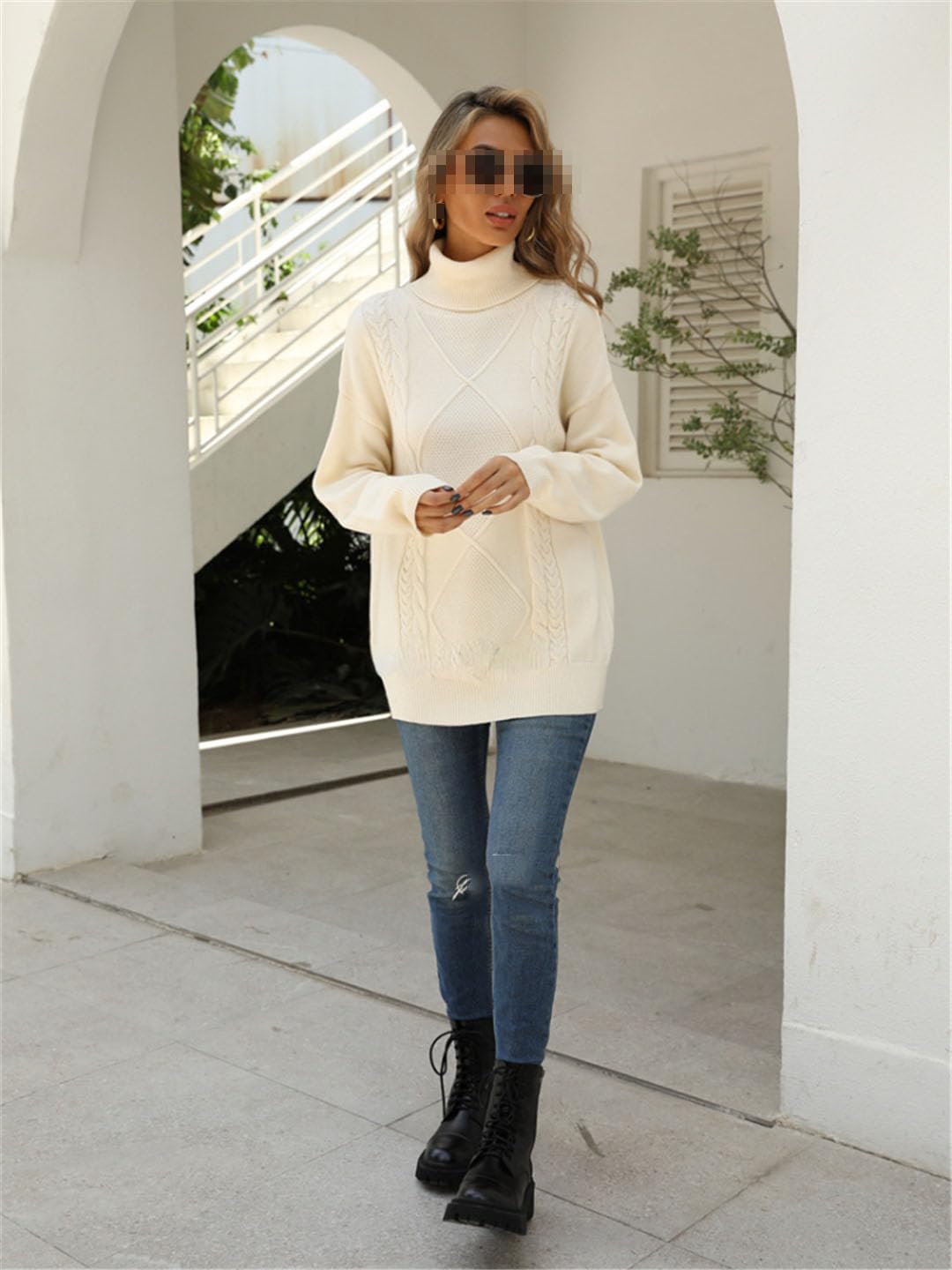 Vogrtcc Maglione da Donna A Collo Alto Maglione Lavorato A Maglia Intrecciato Maglione Ampio E Sottile Oversize