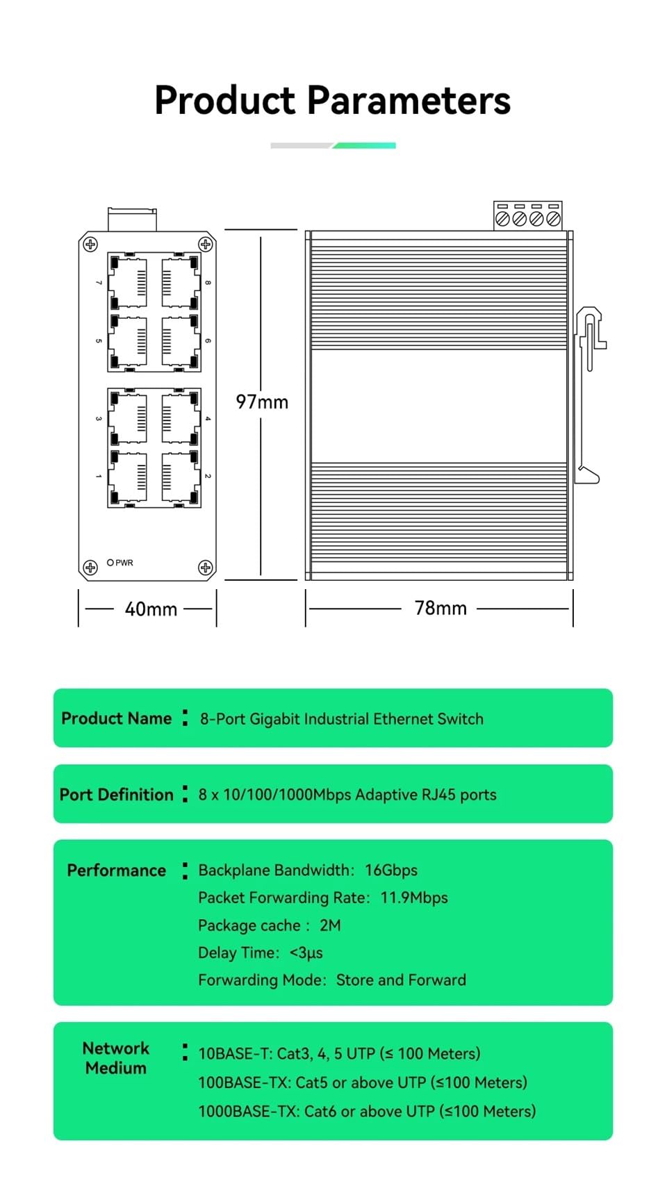 Switch Industriale Gigabit a 8 Porte, Mini Switch Ethernet Industriale da 1000 Mbps, Montaggio su Guida, Protezione IP40