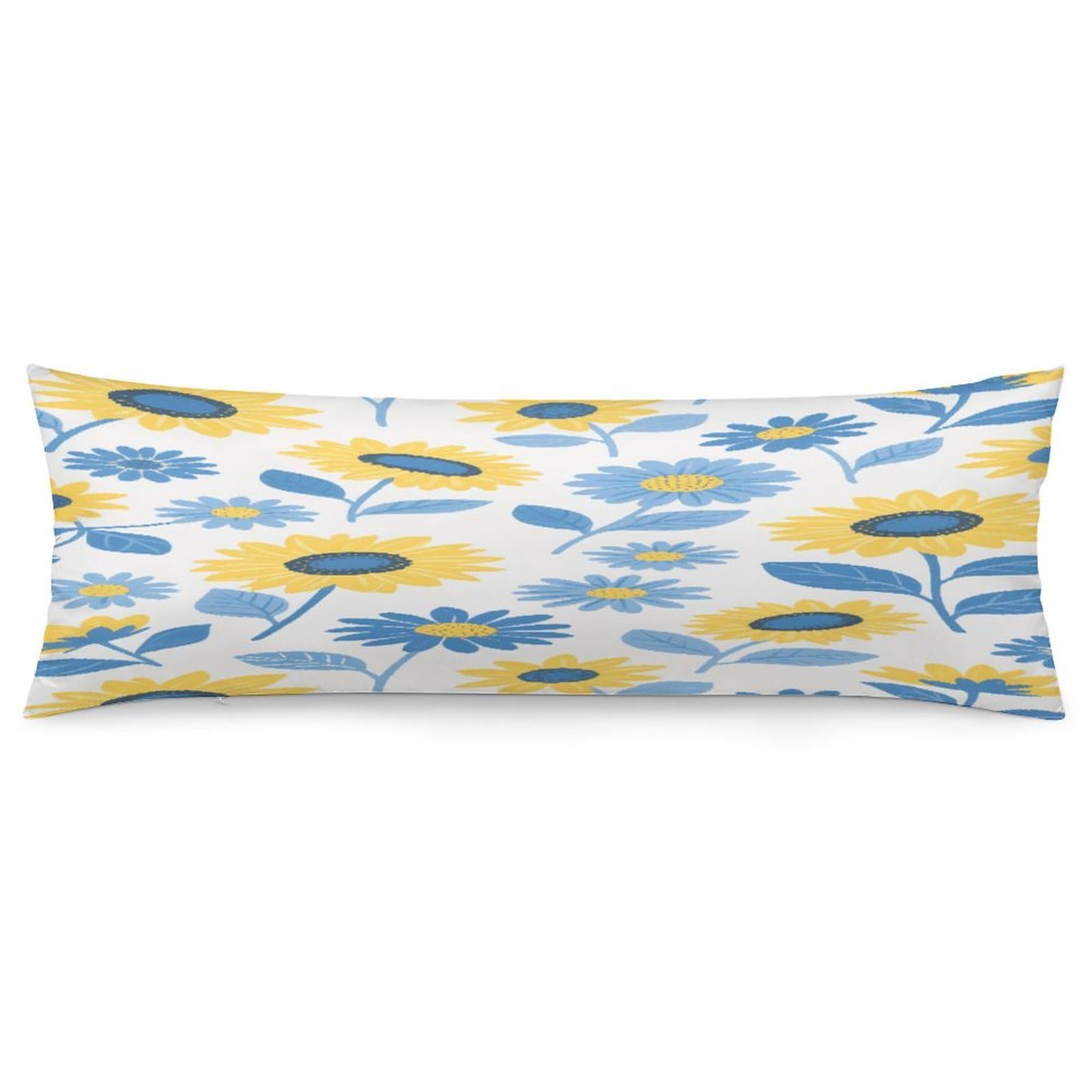 Body Pillow Pillowcase 19x53 Inch Sunflower & Blue Daisy Print Body Pillow Cover with Hide Zipper Super Soft Cozy Long Pillow Case Rectangle Long Body Lumbar Cushion Case for Bedroom