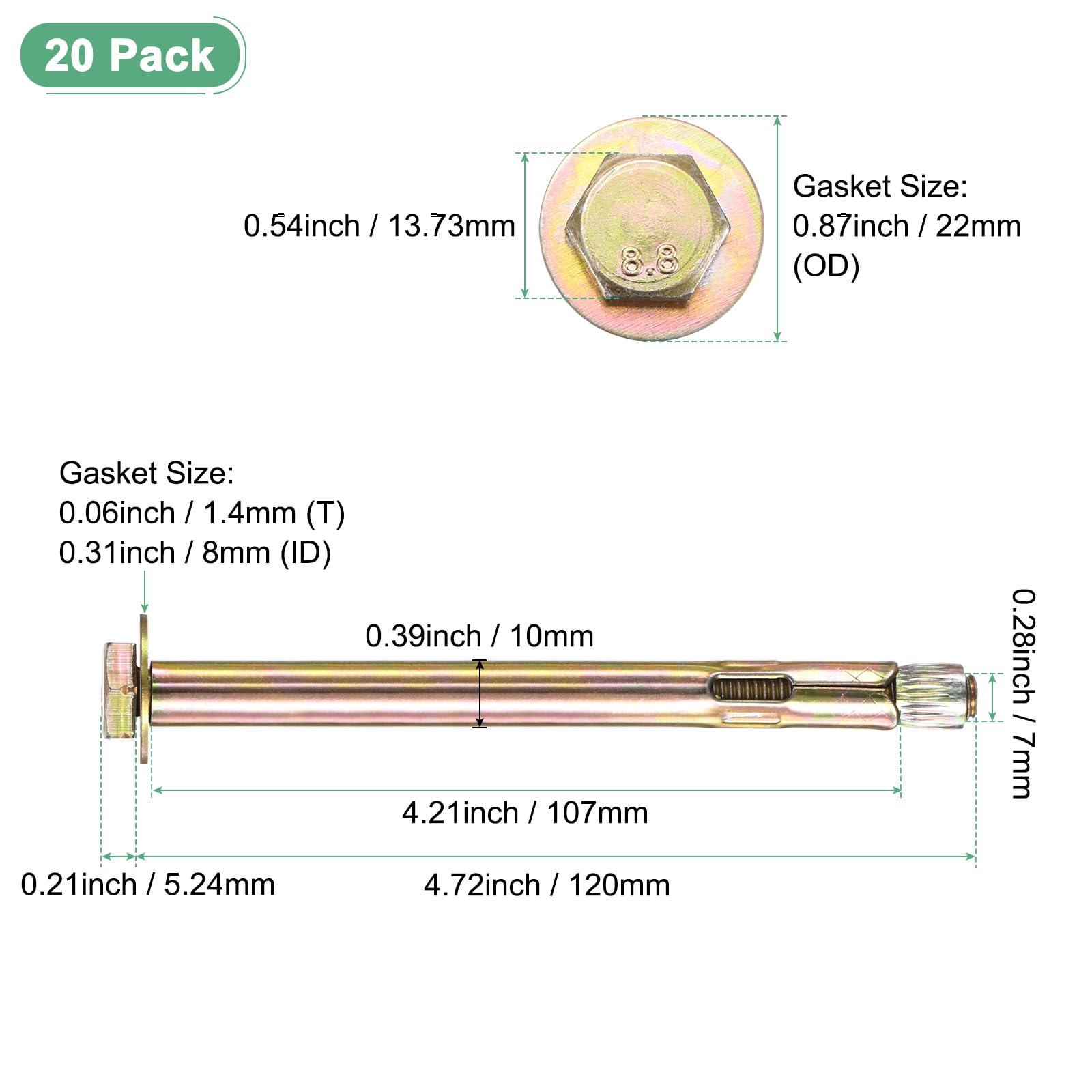 M METERXITY 20-Pack Tornillo De Expansión Hexagonal M8x120mm Hierro Galvanizado Acero Al Carbono Tornillos De Expansión Hexagonal Externos Tornillo Metálico Anticorrosión Para Paredes
