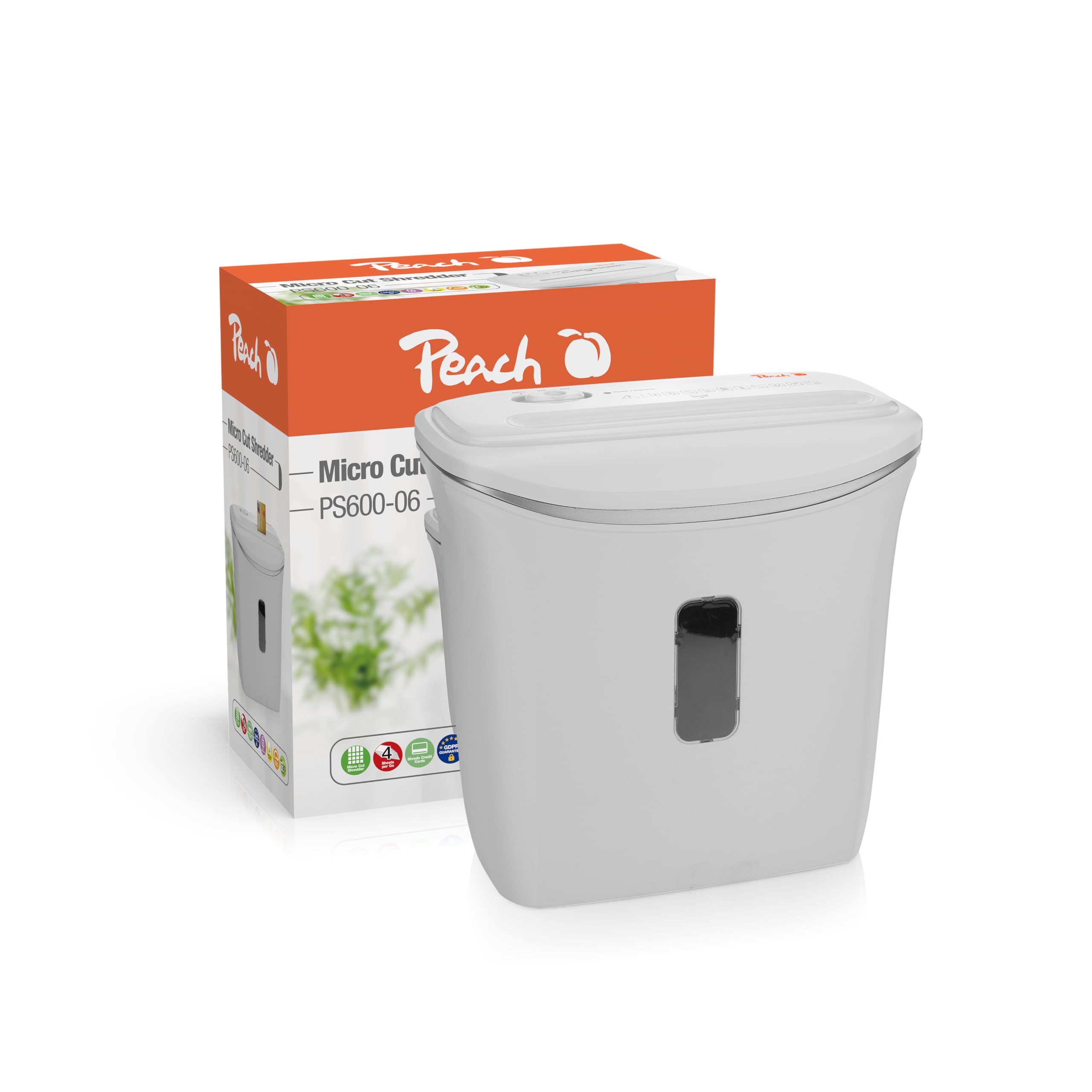 Peach Distruggidocumenti microtaglio – 4 fogli – 12 litri/130 A4 – solo 2 x 14 mm dimensione particelle (P-5) – A4 circa 2200 particelle – conformità DSGV – silenzioso solo 65 dB(A) – PS600-06A